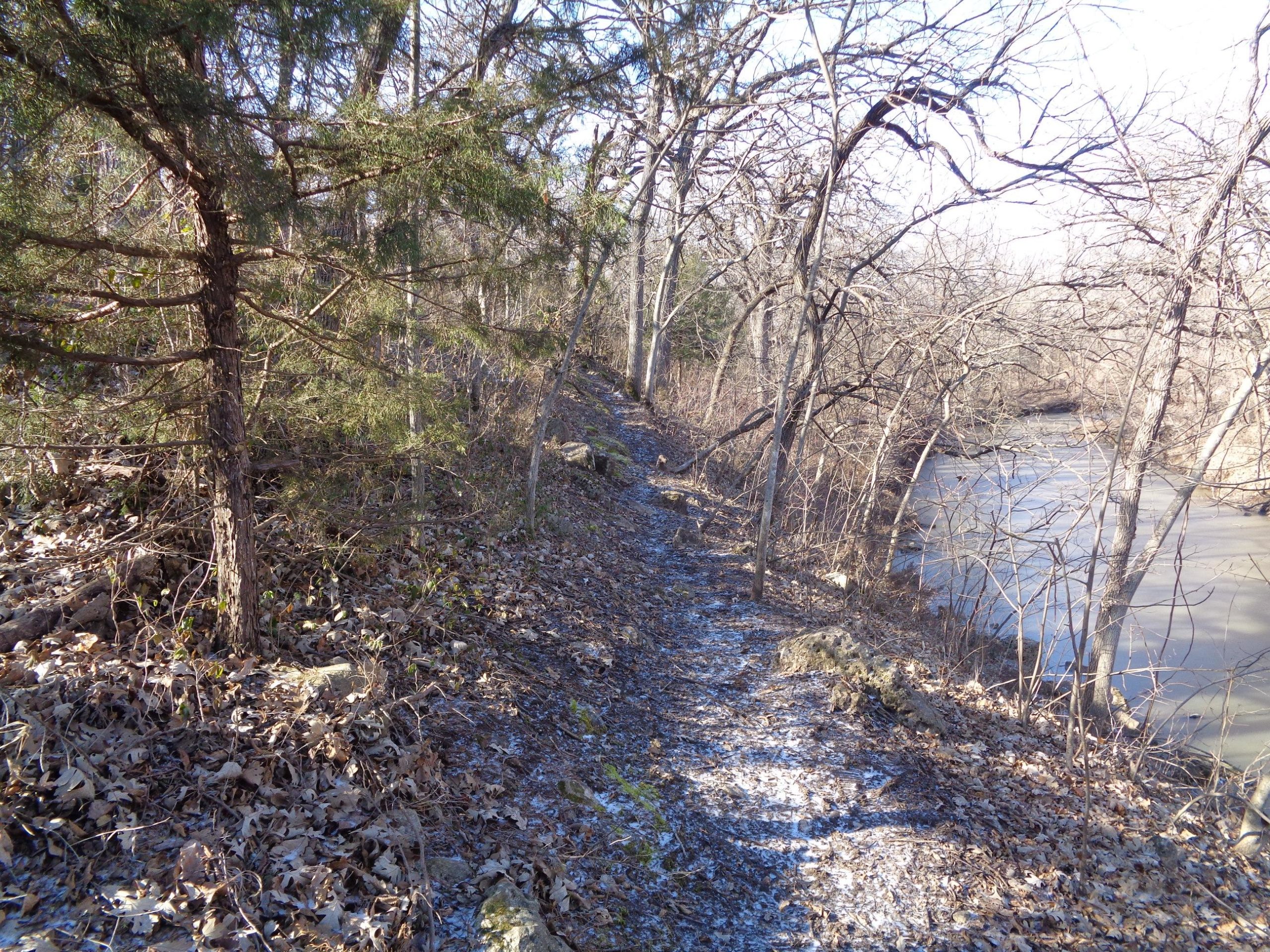 A narrow, winding trail bordered by trees and dry leaves, running alongside a calm, muddy river. The setting is in a wooded area, showcasing branches without leaves, typical of early winter. Sunlight filters through the trees, illuminating the path. Santa Fe Lake Trail mountain bike trail.