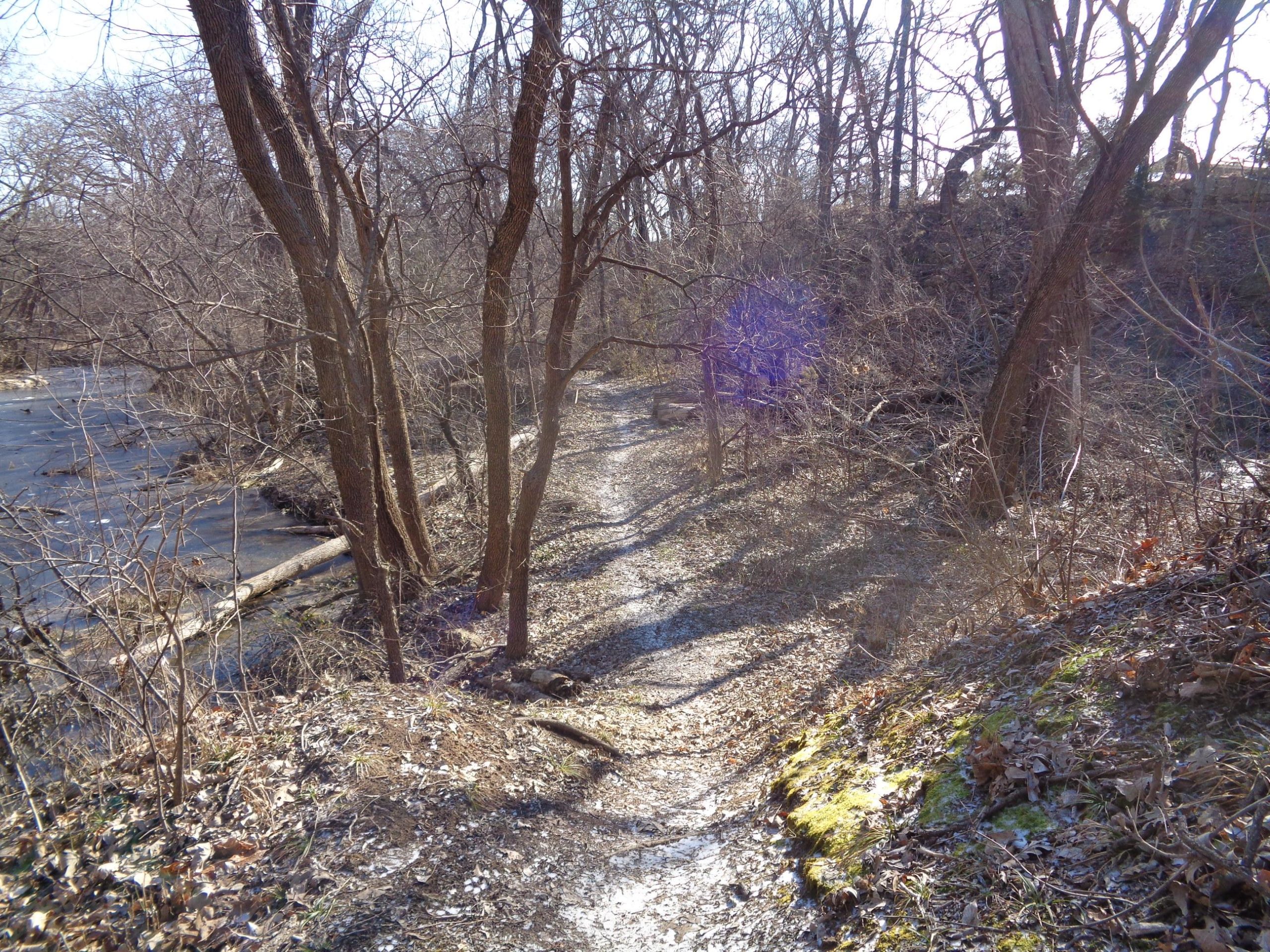 A winding dirt path lined with bare trees runs alongside a calm, dark waterway in a serene, wintery landscape. The ground is covered with leaves and patches of snow, and the scene is illuminated by soft sunlight filtering through the branches. Santa Fe Lake Trail mountain bike trail.