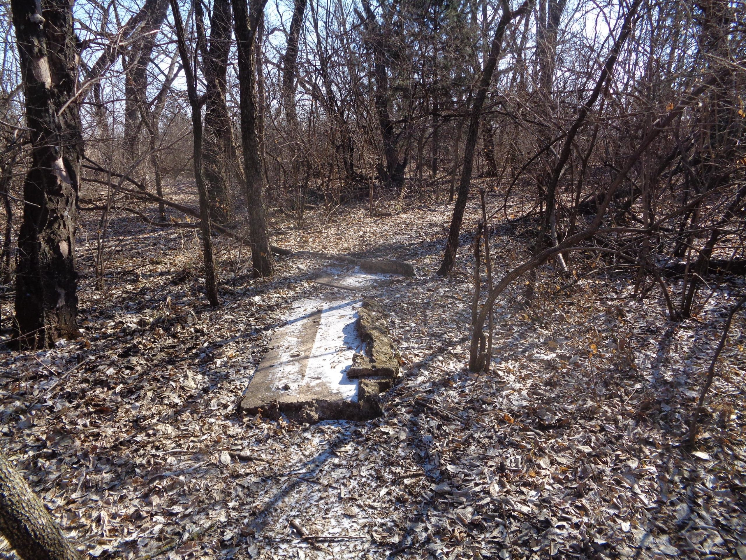 A desolate wooded area with bare trees and a leaf-covered ground. A large, flat stone slab lies among the fallen leaves, partially covered with patches of snow or frost. The scene is quiet and still, evoking a sense of isolation. Santa Fe Lake Trail mountain bike trail.