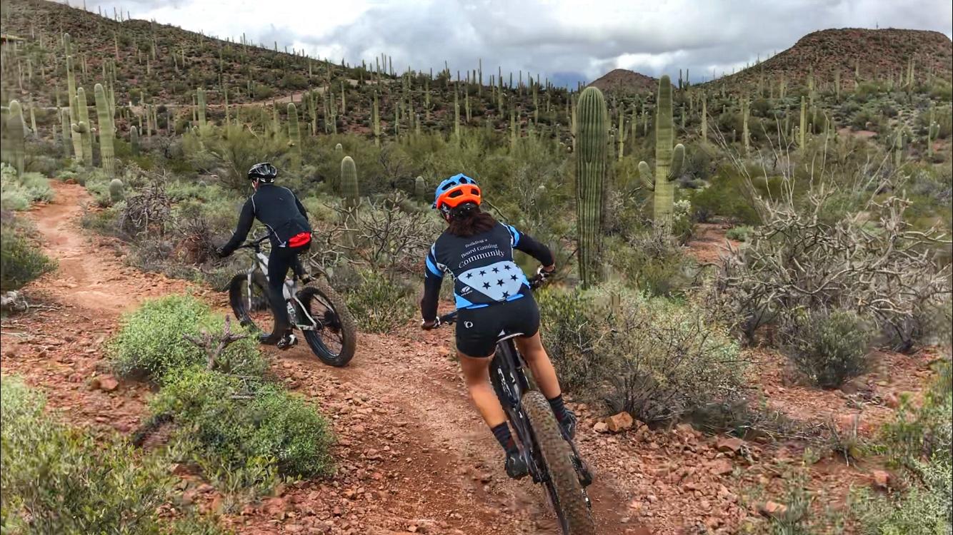 Two mountain bikers riding along a dirt trail surrounded by cacti and desert vegetation, with rocky hills in the background under a cloudy sky. Sweetwater Preserve mountain bike trail.