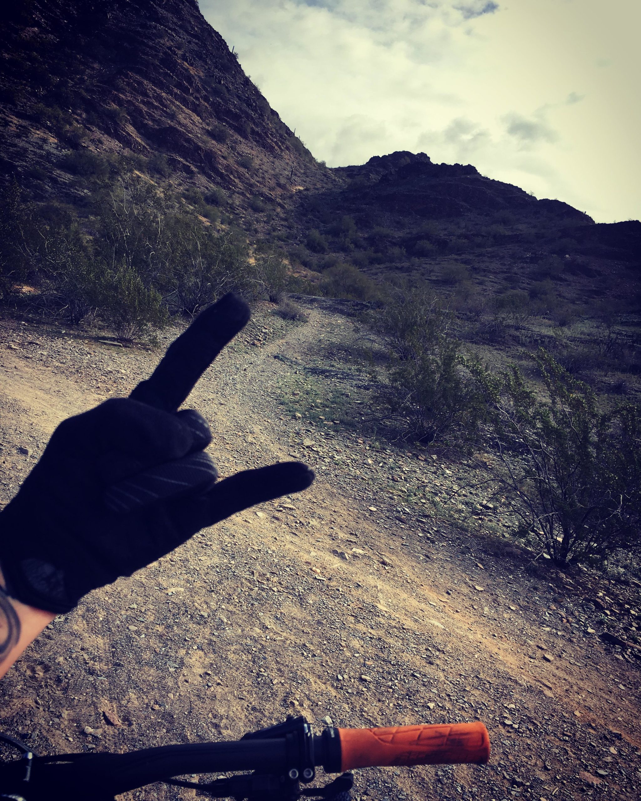 A close-up of a hand wearing a black glove making a rock-and-roll gesture, with a mountain trail visible in the background. The landscape features rocky terrain and scattered vegetation under a cloudy sky. A part of a mountain bike's handlebar is also visible in the foreground. Trail 1A mountain bike trail.