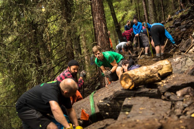 A group of volunteers working together in a forested area to build or maintain a trail. Some individuals are kneeling and using tools on the ground, while others are adjusting rocks and logs. The scene conveys a sense of teamwork and outdoor activity among lush greenery and trees.