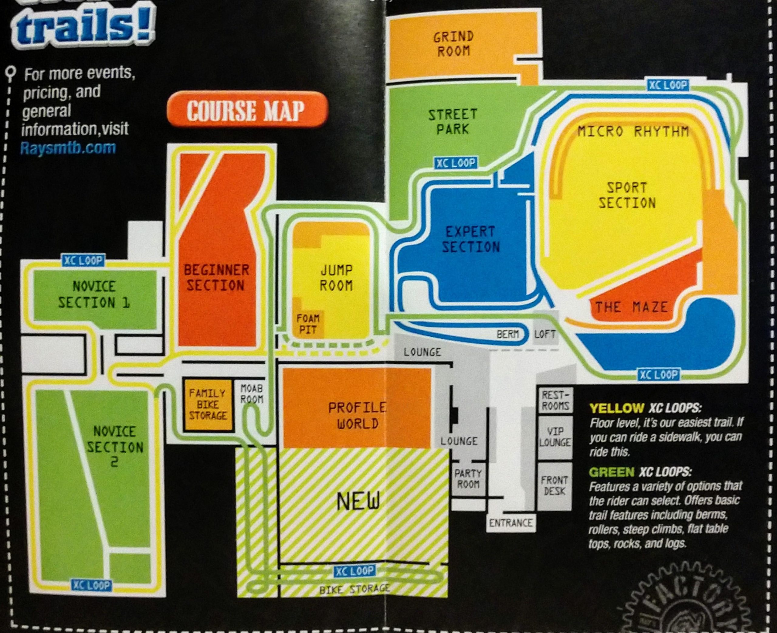 A detailed course map of a mountain biking facility, featuring various sections including "Beginner Section," "Expert Section," "Micro Rhythm," "Sport Section," and "The Maze." The map indicates areas for different skill levels, marked in color-coded loops: yellow for the easiest trails and green for more challenging options. Additional features include bike storage, lounge areas, restrooms, and a jump room with a foam pit. The map is designed to assist visitors in navigating the facility effectively. Rays Indoor Mtb Park mountain bike trail.