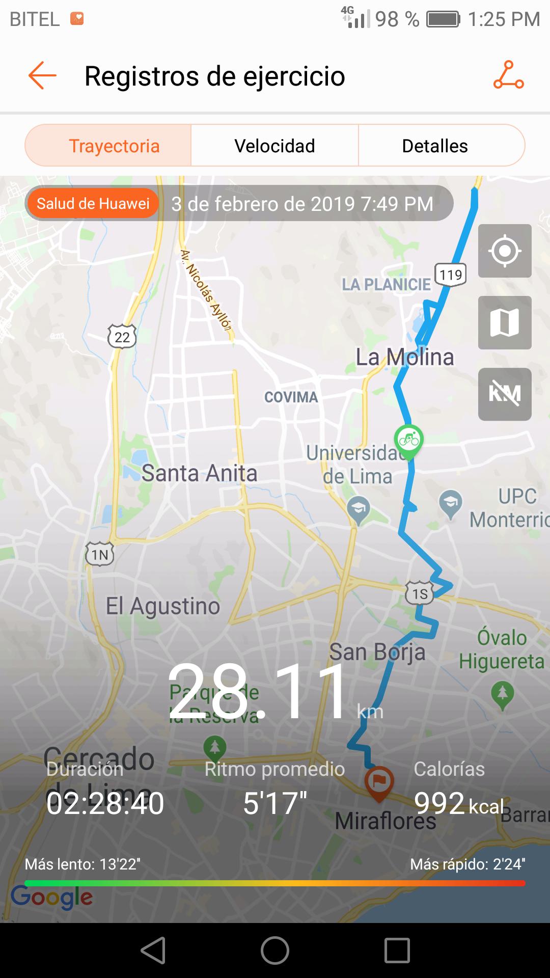 Map display from the "Salud de Huawei" app showing an exercise route taken on February 3, 2019. The data indicates a total distance of 28.11 km, duration of 2 hours and 28 minutes, an average pace of 5 minutes and 17 seconds per kilometer, and a total of 992 calories burned. The map outlines the route through various locations in Lima, Peru. Trepada Musa - La Molina mountain bike trail.