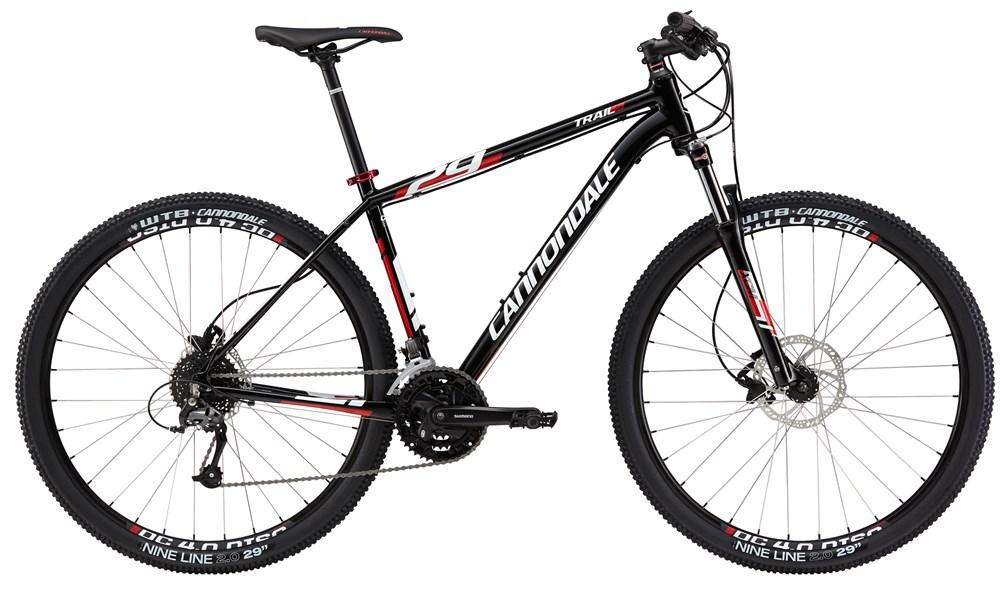 Cannondale Trail 5: A black and red Cannondale mountain bike with 29-inch wheels, featuring a lightweight frame, front suspension, and gear system, positioned against a neutral background.