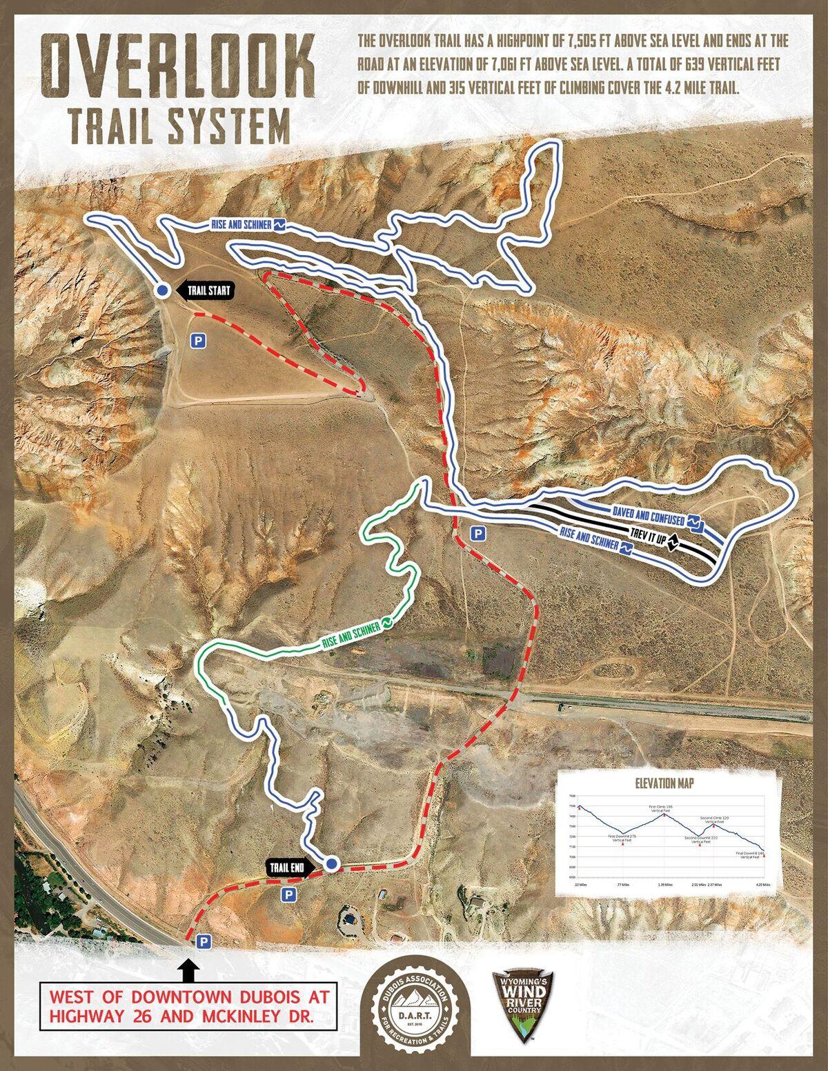 Map of the Overlook Trail System located west of downtown Dubois, featuring trail start and end points, a parking area, and elevation details. The trail spans 4.2 miles with a total elevation change of 639 feet, highlighting the route through the terrain with marked paths and reference points. Dubois Overlook Trail mountain bike trail.