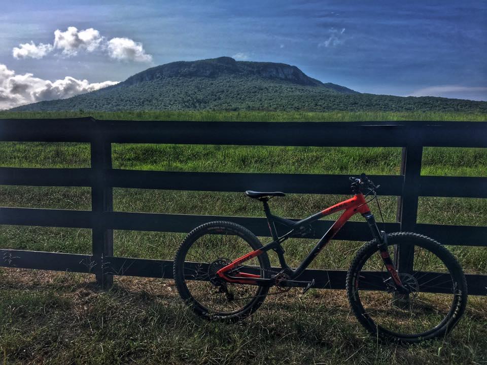 Commencal TR V4: A mountain bike resting against a wooden fence, with a scenic view of a lush green landscape and a prominent mountain in the background under a clear blue sky.