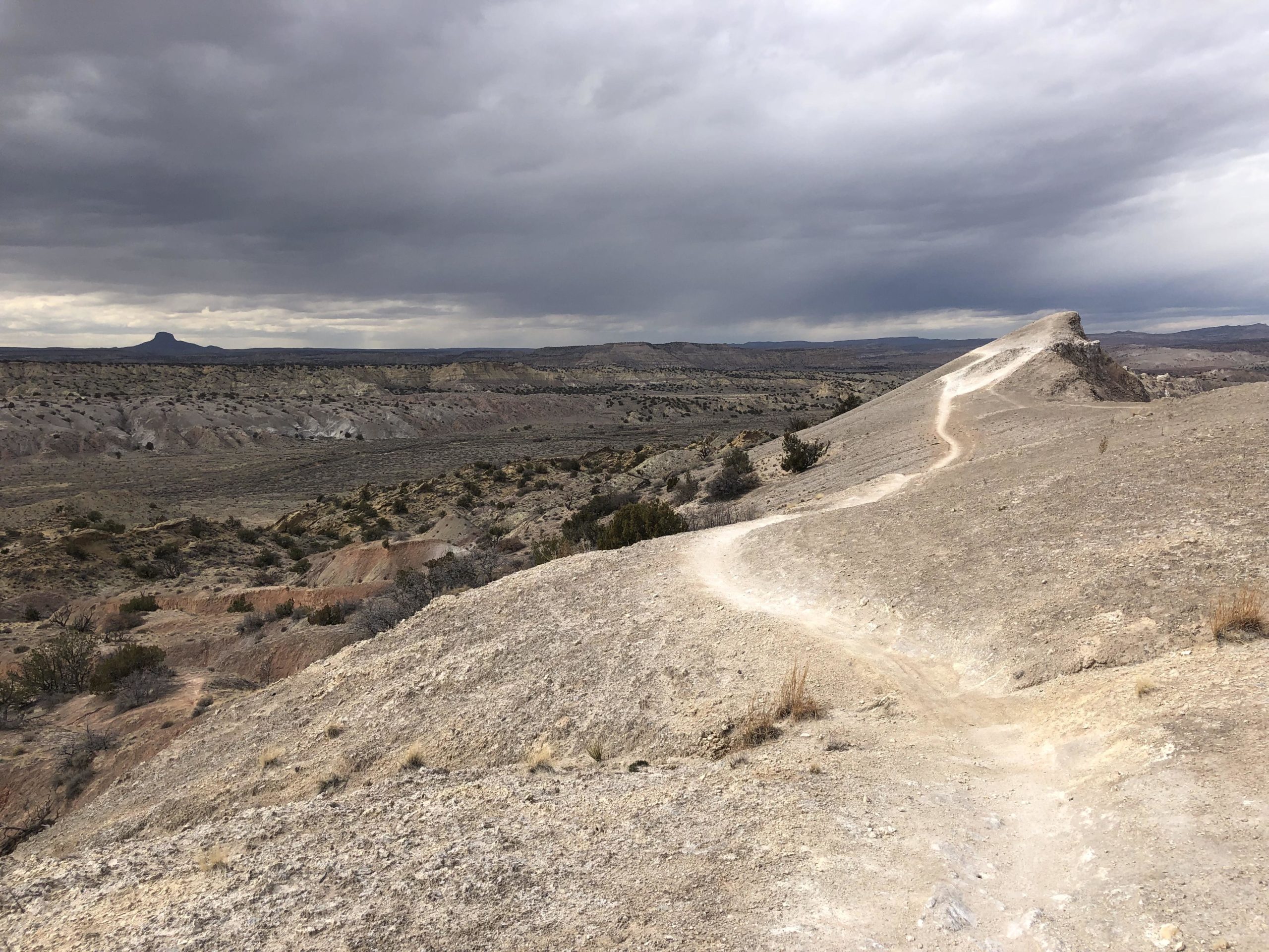 A winding dirt trail leads up a rocky hill, surrounded by sparse vegetation and a vast barren landscape. Dark clouds loom overhead, casting shadows on the terrain that includes ridges and distant mesas under a gray sky. White Ridge Bike Trails mountain bike trail.
