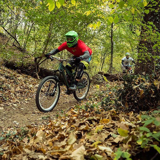 Two mountain bikers navigate a wooded trail covered in autumn leaves. One rider, wearing a bright green helmet and a red shirt, is in the foreground, skillfully maneuvering around a bend. The second rider, dressed in a white shirt and helmet, follows behind in the background. The scene is surrounded by lush green trees, showcasing a vibrant natural setting. Bike Park Josutnjak mountain bike trail.