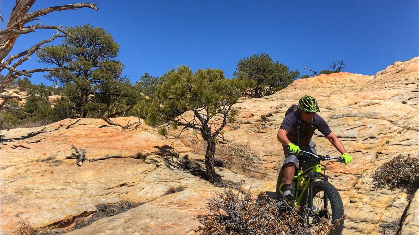 A mountain biker navigating rocky terrain on a sunny day, surrounded by sparse vegetation and pine trees, with a clear blue sky overhead. The rider is wearing a helmet and bright gloves, focusing intently on the path ahead. Red Mesa mountain bike trail.
