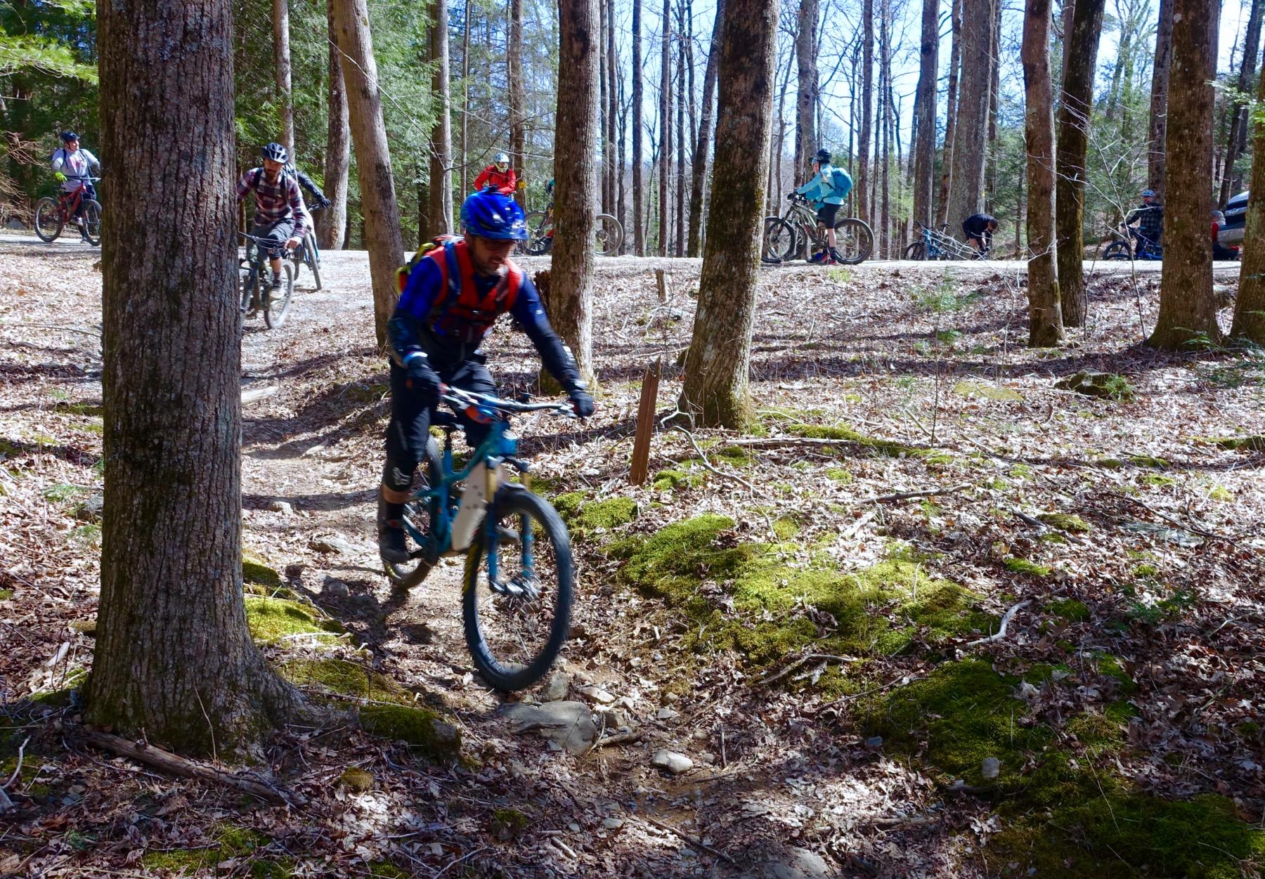 A mountain biker navigating a rocky trail surrounded by trees, with several other bikers in the background and scattered leaves on the forest floor. The scene is bright and showcases a springtime atmosphere. Windy Gap Trail mountain bike trail.