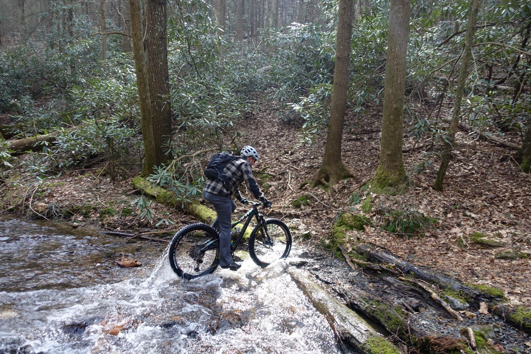 A person riding a mountain bike across a stream in a wooded area. The cyclist, wearing a helmet and a plaid jacket, navigates the rocky terrain while surrounded by trees and greenery. Sunlight filters through the trees, creating a serene backdrop. Pinhoti Trail: Mountaintown Creek Segment mountain bike trail.
