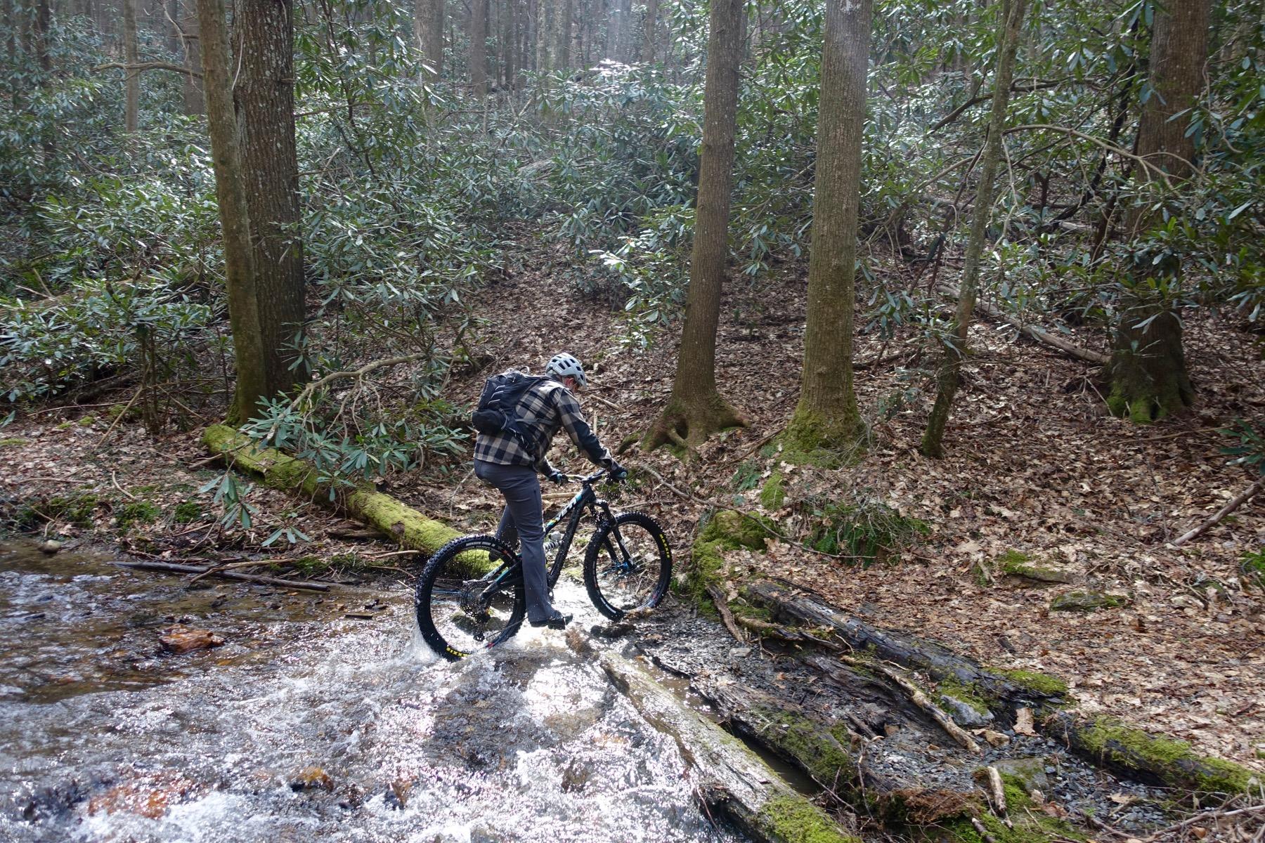 A person riding a mountain bike across a shallow stream in a forested area, surrounded by tall trees and dense foliage. The cyclist, wearing a helmet and a plaid shirt, navigates over rocks and fallen logs while splashing through the water. Sunlight filters through the trees, creating a serene outdoor atmosphere. Pinhoti Trail: Mountaintown Creek Segment mountain bike trail.