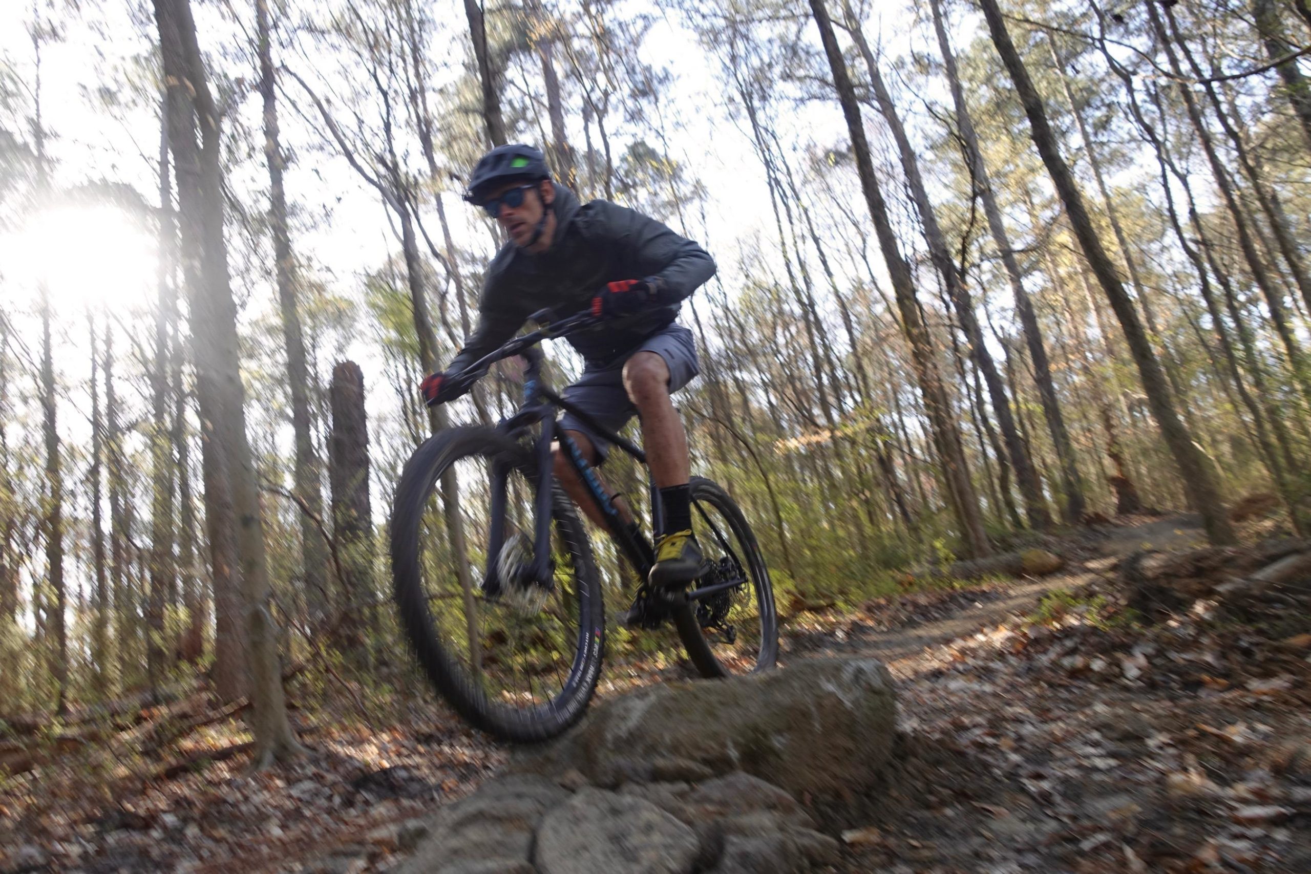A mountain biker in a black jacket and helmet jumps over a rock on a forest trail, surrounded by trees with leaves. The sun shines through the trees, creating a dynamic outdoor scene. Southside Park mountain bike trail.