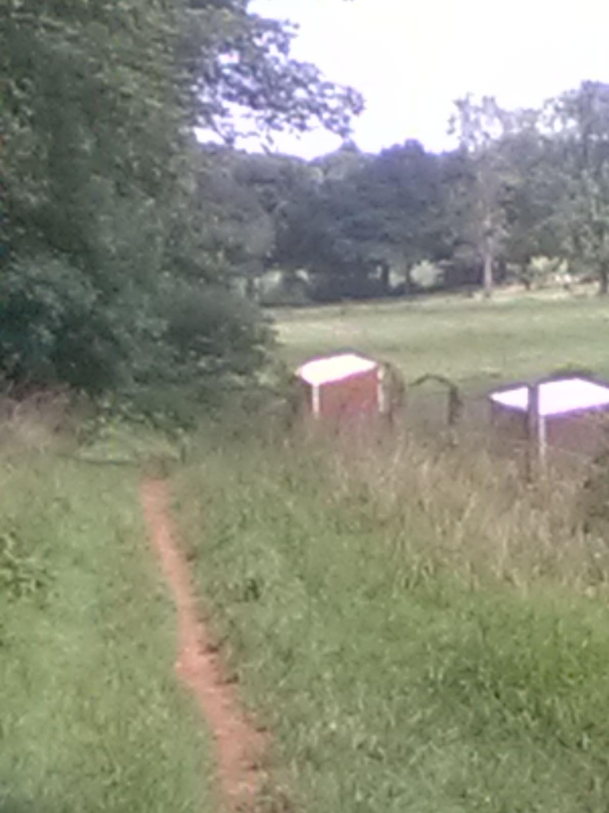 A narrow dirt path winding through tall grass, leading to a fenced area with two small structures. A tree line is visible on the left side, and open fields stretch out in the background under a clear sky. Brandywine State Park mountain bike trail.