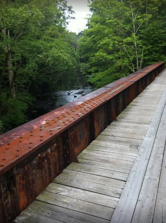 A view of a weathered metal bridge railing with rust visible, overlooking a calm stream surrounded by lush green trees. The wooden walkway of the bridge is partially visible, providing a scenic glimpse of nature. Rockingham Recreational Trail mountain bike trail.