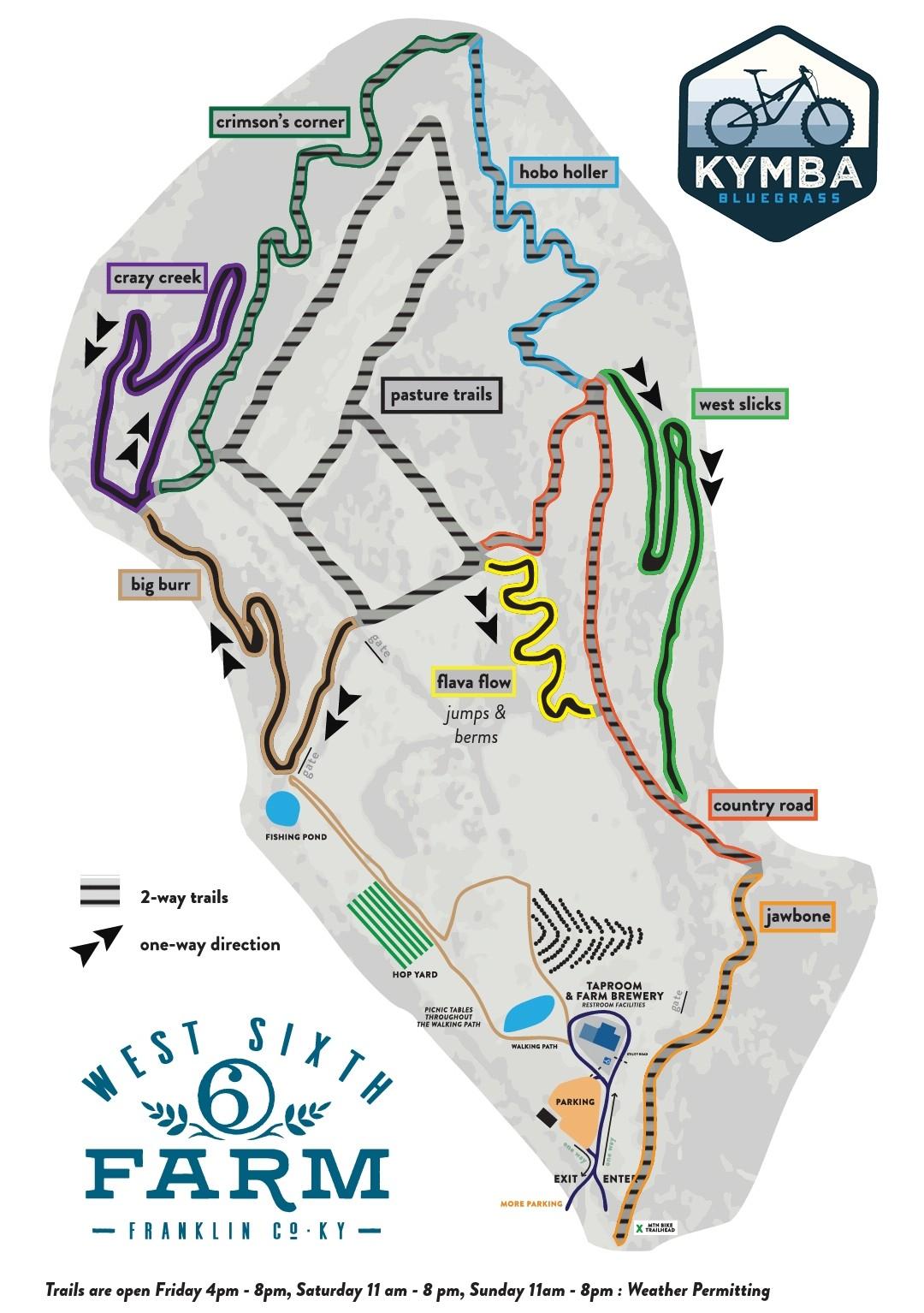 A detailed trail map of West Sixth Farm in Franklin County, KY, highlighting various bike paths. The map features designated trails such as "Crimson