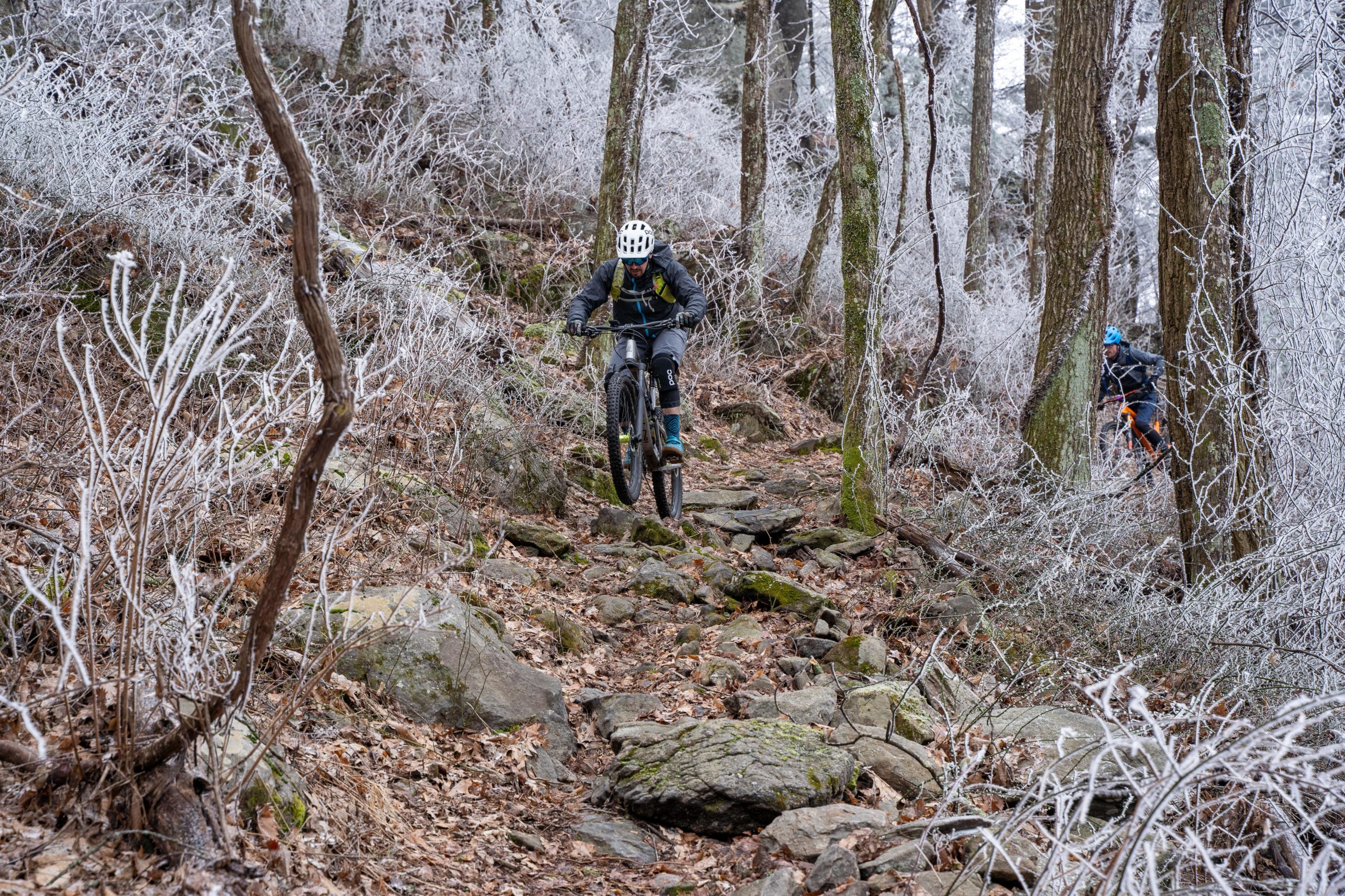 A mountain biker navigating a rocky trail in a winter forest. The scene features frost-covered trees and underbrush, with fallen leaves and large rocks scattered along the path. The cyclist is wearing a helmet and outdoor gear, displaying an active pose as they ride over the rough terrain. Windy Gap Trail mountain bike trail.