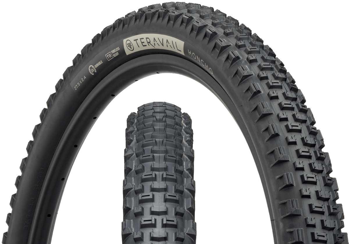 Teravail Honcho: Alt tag: "Two Teravail Honcho mountain bike tires showing different angles, highlighting the tread pattern and size of 27.5 x 2.4 inches."
