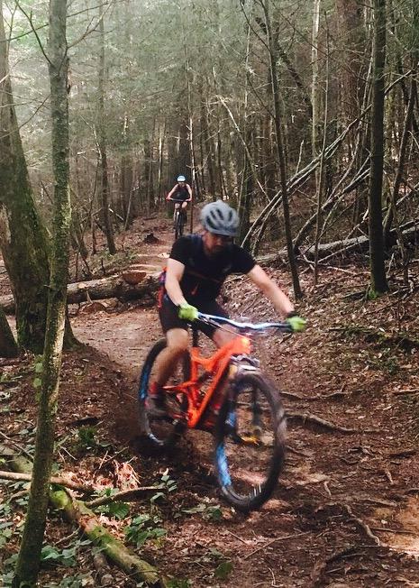 Ibis Ripley: Two mountain bikers navigating a forest trail. The rider in the foreground is wearing a black shirt and shorts, riding an orange mountain bike and appears to be in motion. The second rider, in the background, is slightly blurred and wearing a blue helmet. Tall trees and foliage surround the narrow dirt path, indicating a lush, wooded environment.