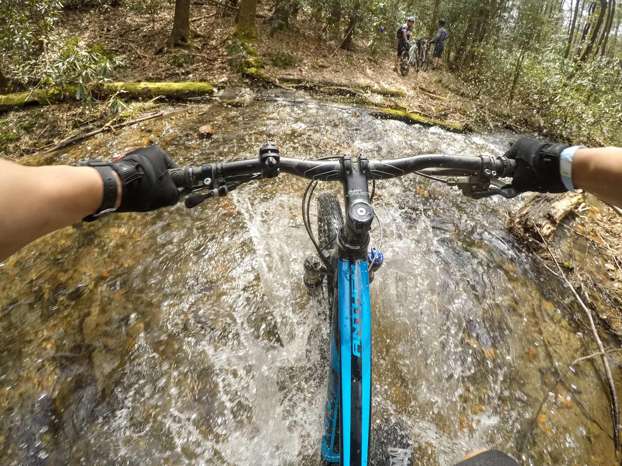 A close-up view of a mountain bike navigating through a shallow stream in a forested area. The handlebars are visible, with a gloved hand gripping them, while water splashes around the front wheel. In the background, two other cyclists are seen on the bank of the stream, surrounded by trees and foliage. Pinhoti Trail: Mountaintown Creek Segment mountain bike trail.