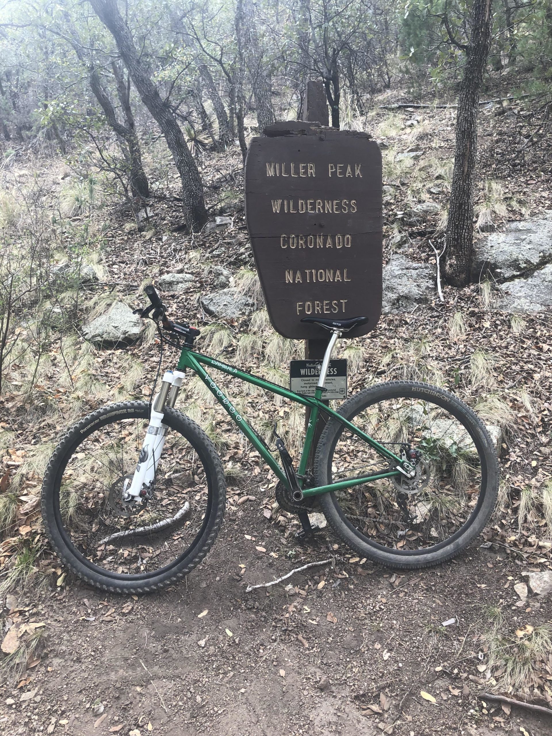 Mountain bike leaning against a wooden sign marking the Miller Peak Wilderness in the Coronado National Forest, surrounded by trees and undergrowth. Brown Canyon mountain bike trail.