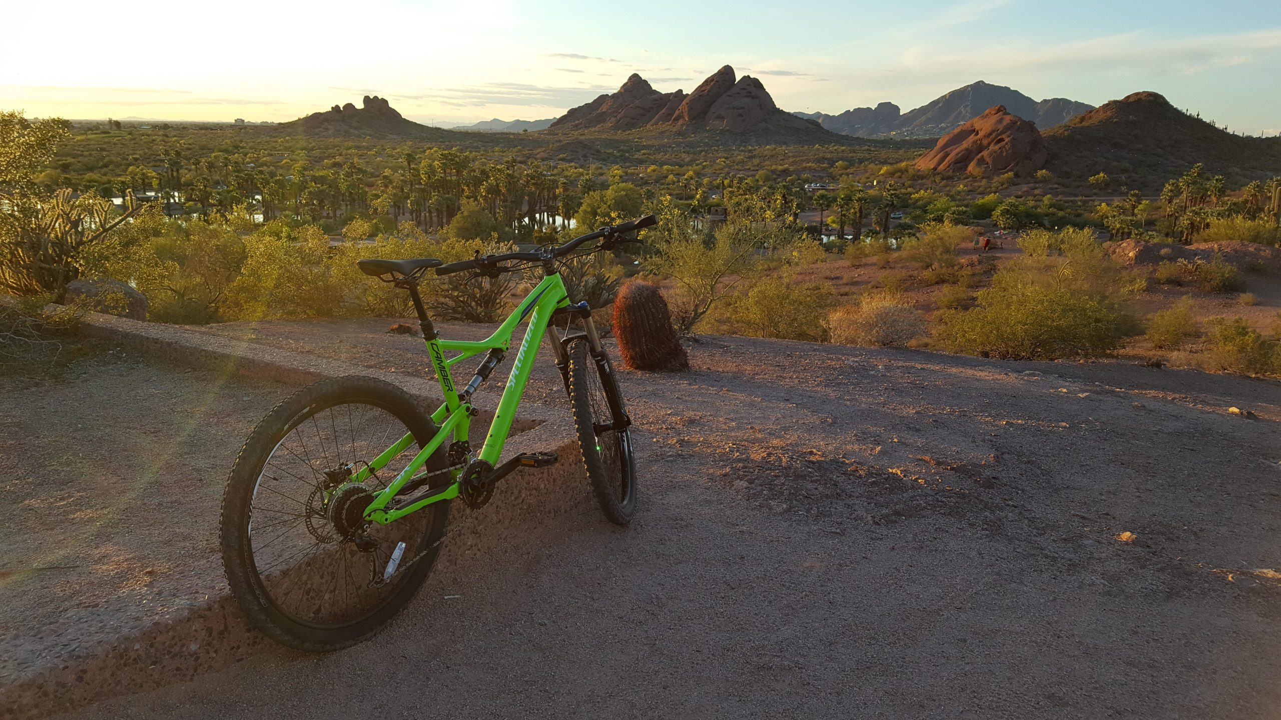 A bright green mountain bike parked on a rocky surface, with a scenic view of a desert landscape in the background, featuring mountains, palm trees, and a body of water under a warm sunset sky. Papago Park Area mountain bike trail.