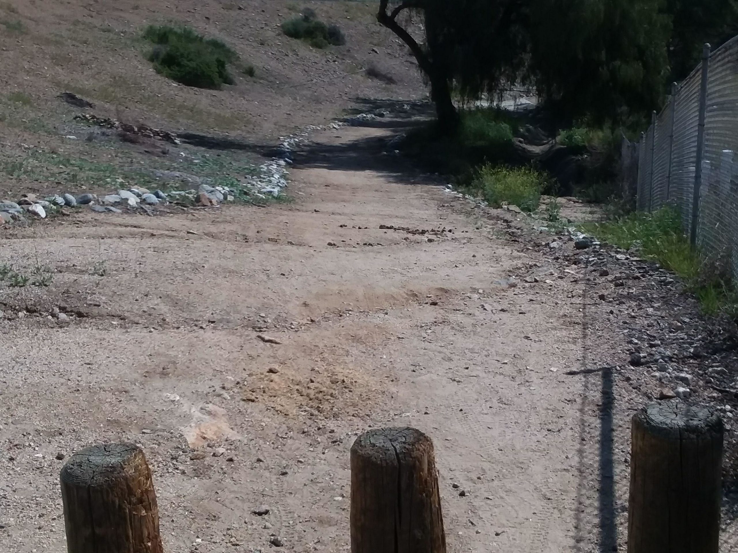 A dirt path winding through a grassy area, bordered by rocks and a chain-link fence on one side, with a tree providing shade in the background. The path appears well-used but unpaved, leading into a natural landscape. Demens Creek mountain bike trail.