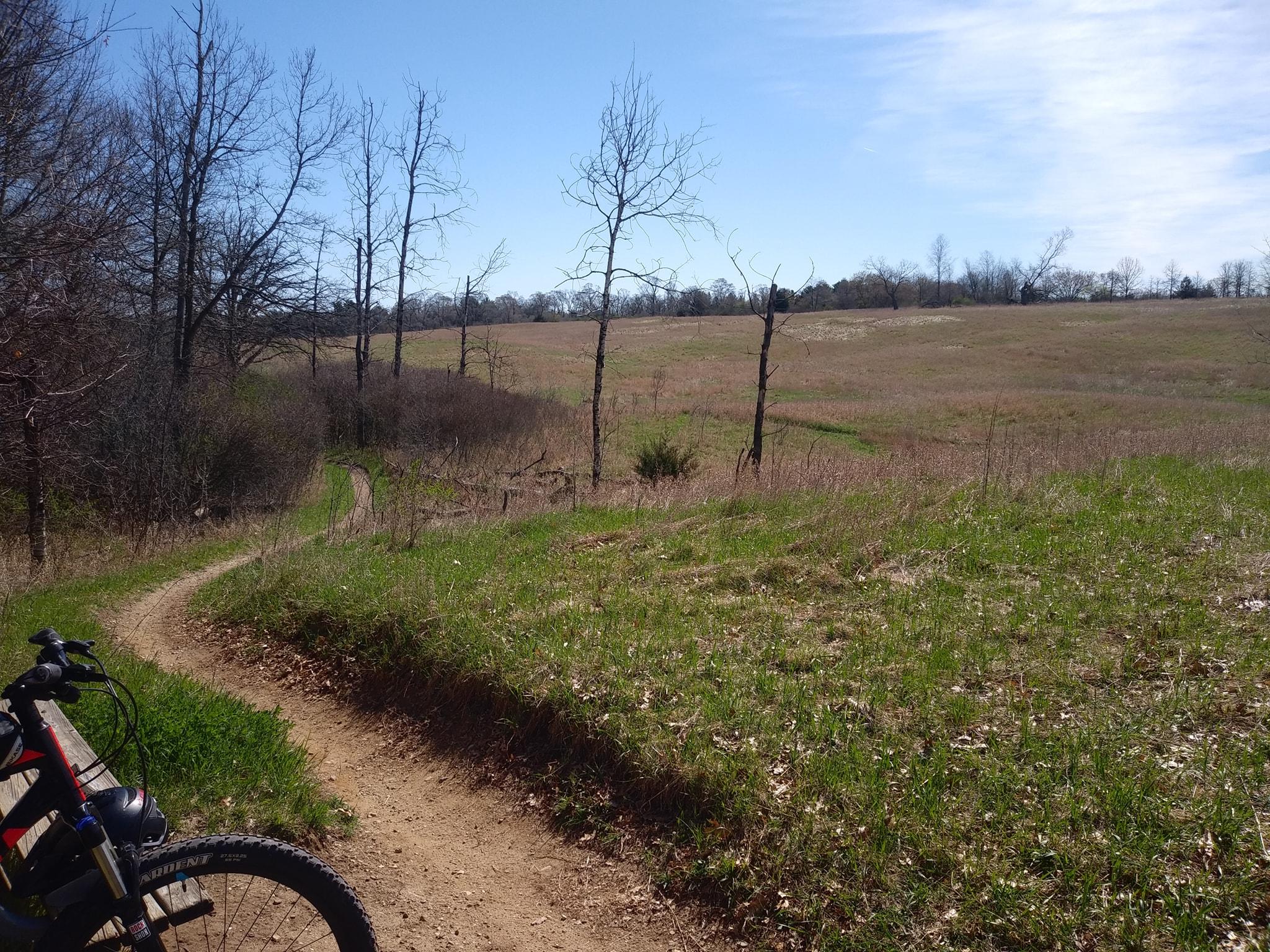 A dirt trail winds through a grassy landscape, bordered by sparse trees and shrubs under a clear blue sky. A mountain bike leans against the trail on the left side of the image, suggesting a peaceful outdoor adventure. The scene captures the natural beauty of a sunny day in a rural setting. Island Lake mountain bike trail.
