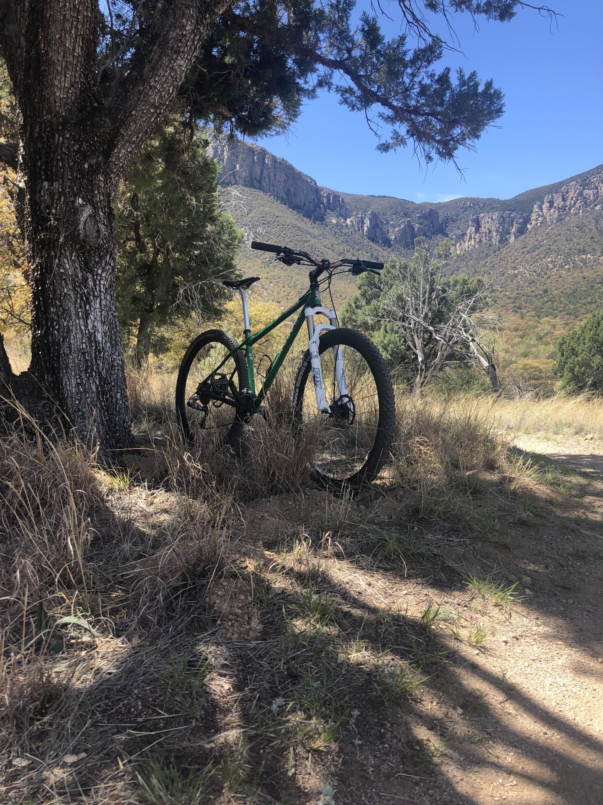 A mountain bike leaning against a tree in a grassy area, with rocky hills and blue sky in the background. The scene captures the outdoors, showcasing nature and a trail perfect for biking. Perimeter Trail mountain bike trail.