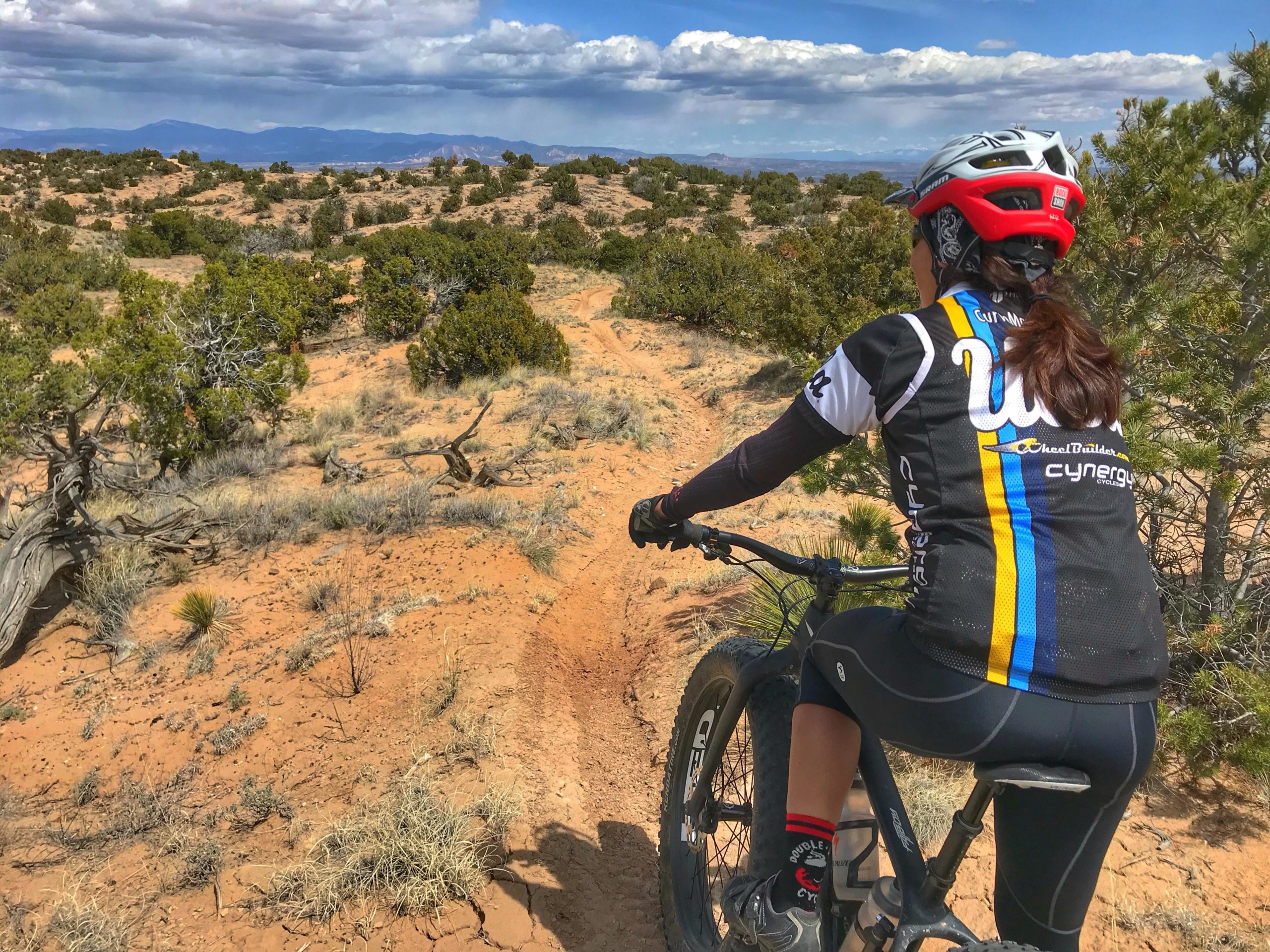 A cyclist in a black jersey with colorful stripes rides a mountain bike on a sandy trail surrounded by shrubs and sparse trees. The landscape features rolling hills and distant mountains under a partly cloudy sky. Mariposa Fat Bike Trails mountain bike trail.