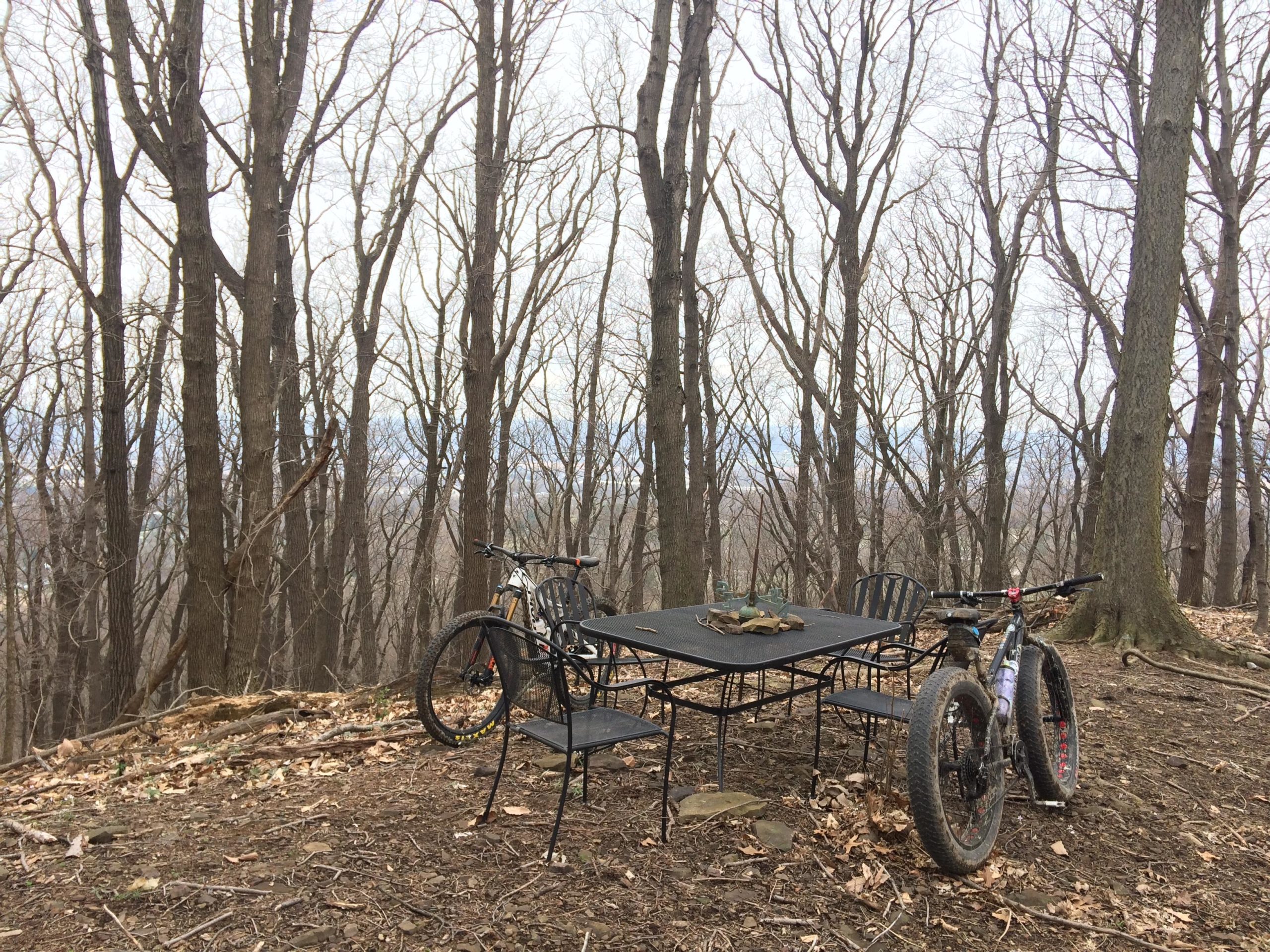 A rustic outdoor scene in a forest, featuring a black metal table and two chairs surrounded by bare trees. Two mountain bikes are parked beside the table, with one bike prominently displaying wide tires. The forest floor is covered with dry leaves and twigs, and the landscape appears to be hilly in the background, hinting at a tranquil, natural setting. Great Seal State Park mountain bike trail.