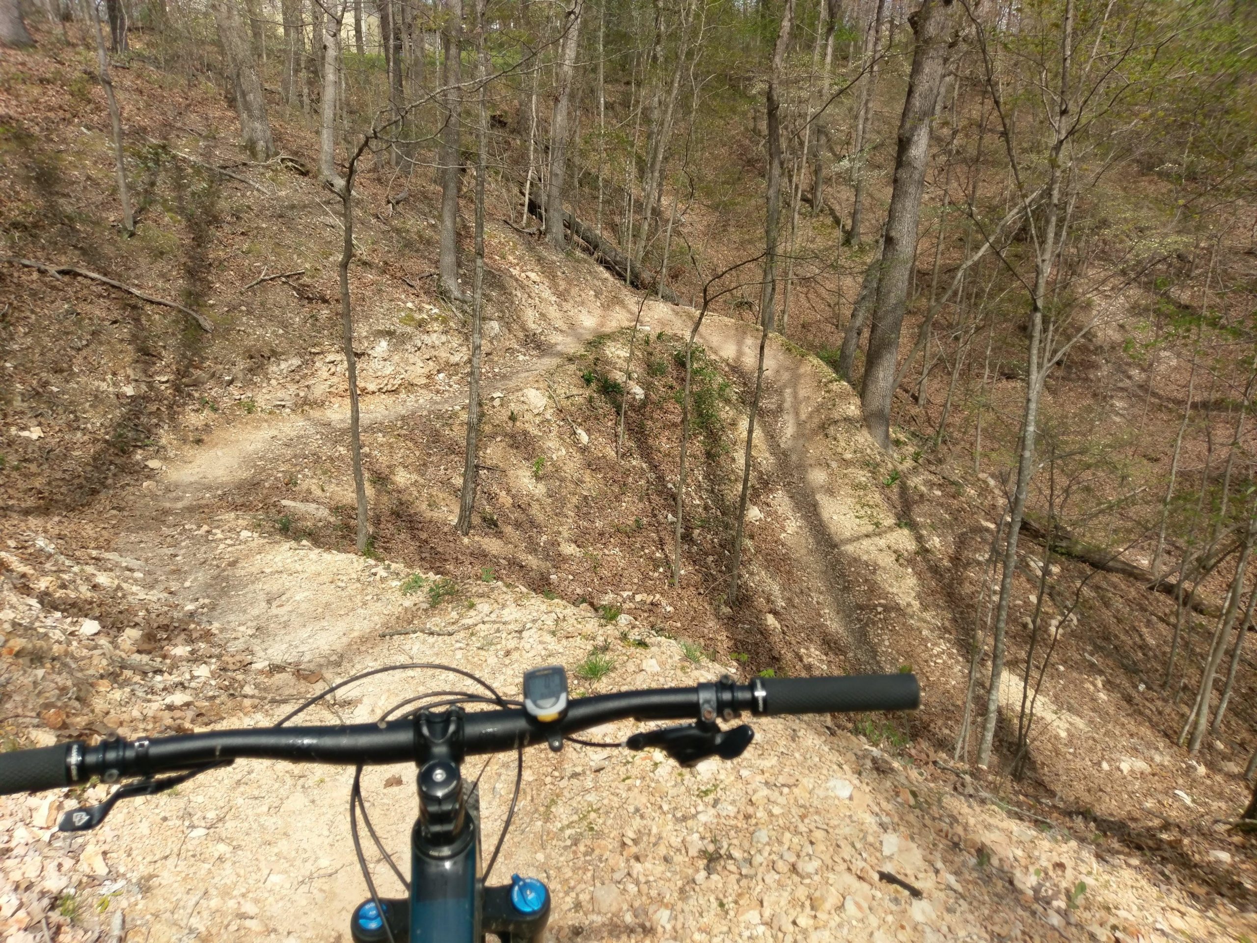 A view of a mountain biking trail from the perspective of the handlebars, showcasing a winding dirt path through a wooded area. The trail is surrounded by trees and has rocky, uneven terrain. Back 40 mountain bike trail.