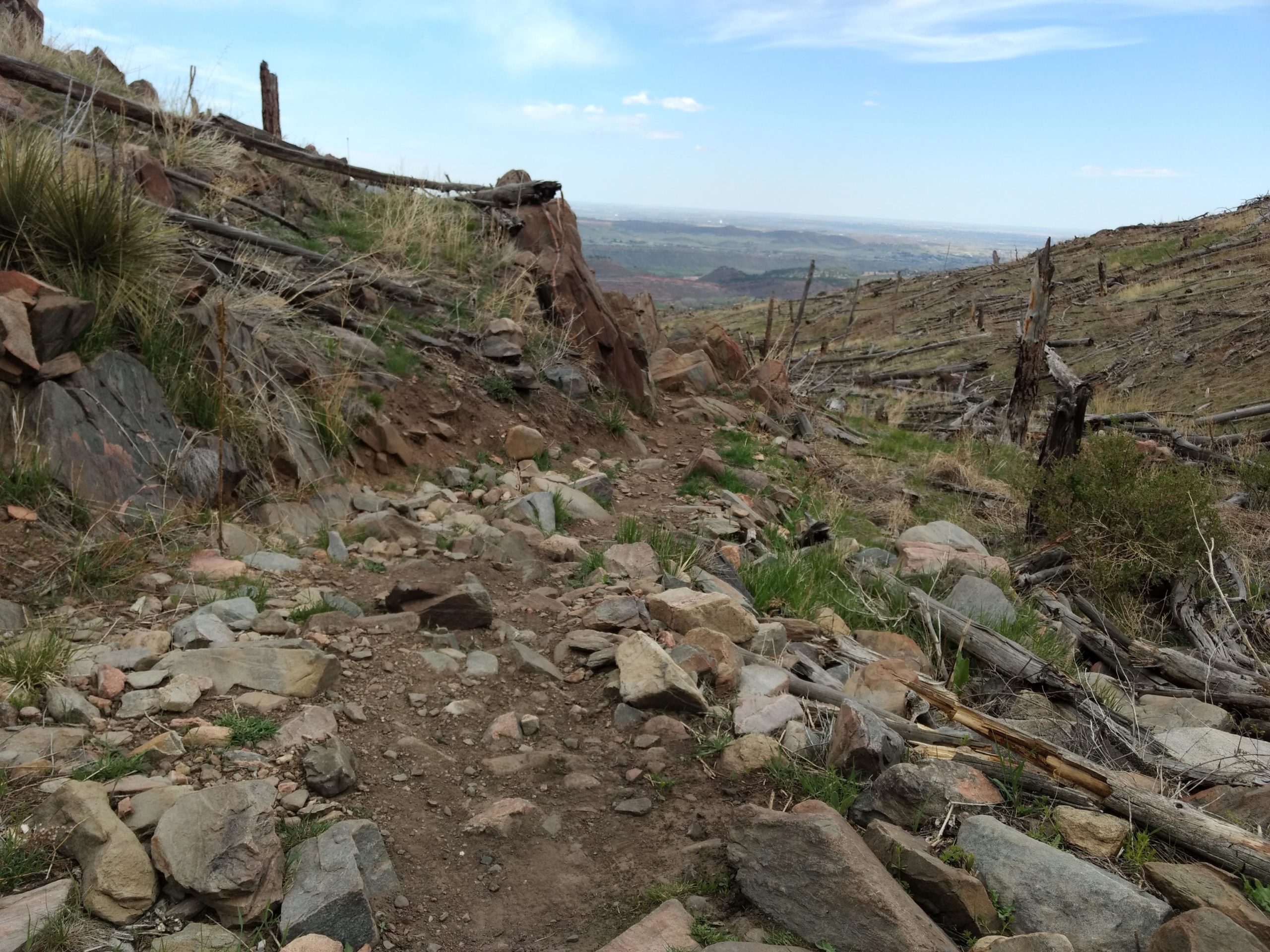 A rocky trail winding through a hilly landscape, with scattered stones and patches of grass. Dead tree trunks are visible along the slope, and a clear blue sky with a few clouds is overhead. The view extends into the distance, revealing more hills and valleys. Ginny Trail mountain bike trail.