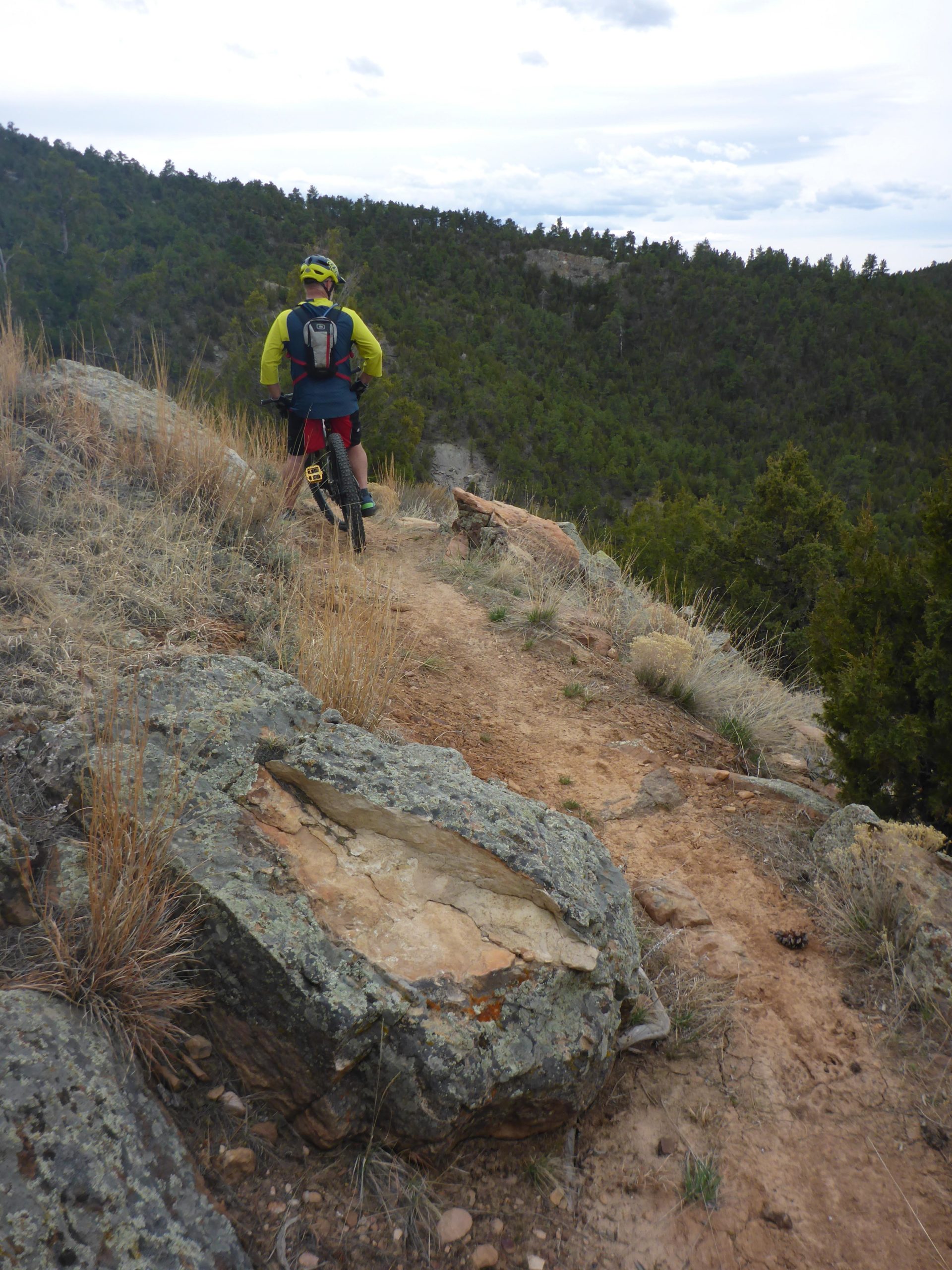 A mountain biker pauses on a narrow dirt trail that winds along a rocky ledge, surrounded by green trees and hills. The biker is wearing a bright yellow jacket and helmet, with a backpack on. The trail is lined with rocks and sparse grasses, leading into a scenic mountainous landscape under a partly cloudy sky. Glendo State Park mountain bike trail.
