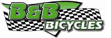 Logo of B&B Bicycles featuring bold green lettering against a checkered flag background. The design combines racing elements with a focus on bicycles.