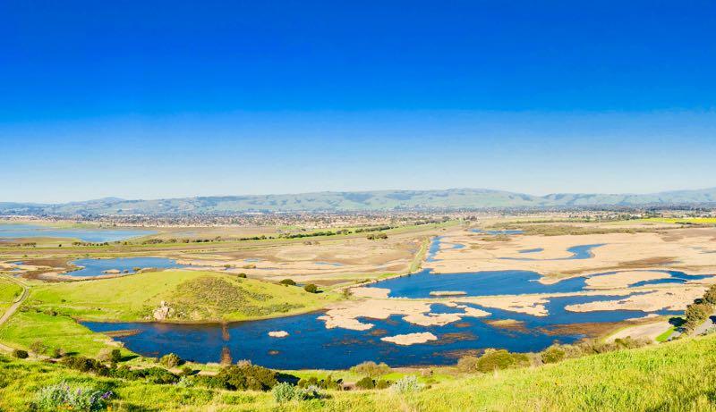 A panoramic view of a landscape featuring a mix of green hills and blue waterways under a clear blue sky. The scene includes meandering rivers and marshy areas, surrounded by distant mountains and a small town nestled in the valley. Coyote Hills Regional Park mountain bike trail.