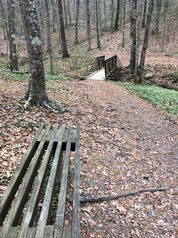 A wooded trail in early spring, featuring a weathered wooden bench on the left and a small bridge in the distance. The ground is covered with fallen leaves, and the path winds gently through trees, creating a serene natural setting. Eagle Scout Trail mountain bike trail.