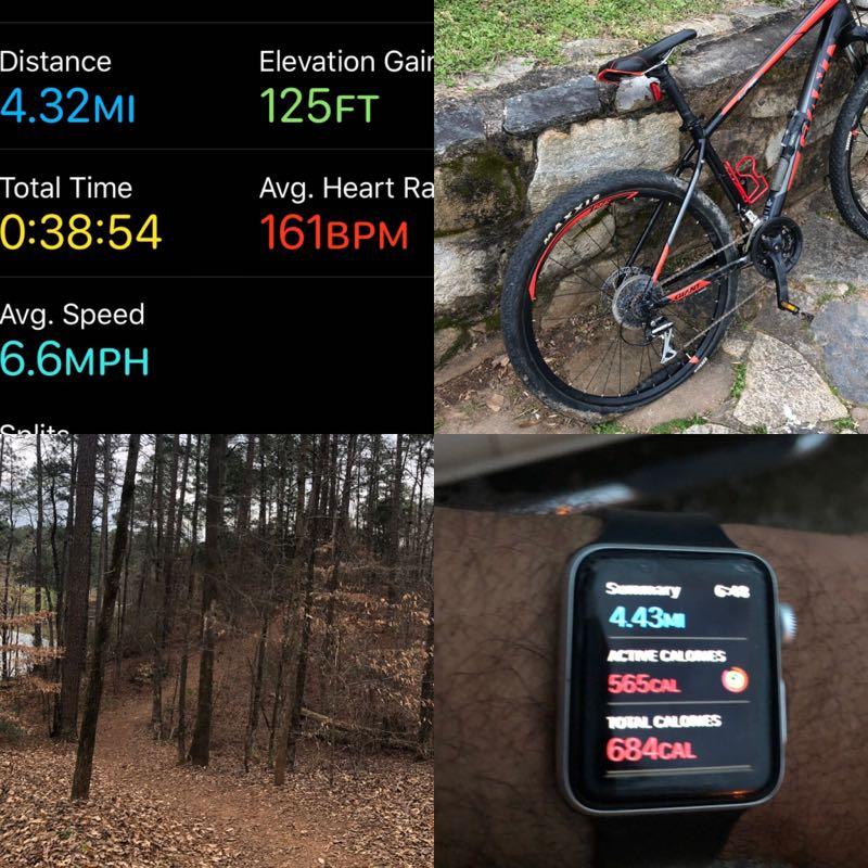 A collage featuring a mountain bike leaning against a rock, two fitness tracking screenshots showing cycling stats, and a scenic view of a wooded trail. The stats include distance of 4.32 miles, elevation gain of 125 feet, total time of 38:54 minutes, an average heart rate of 161 BPM, and average speed of 6.6 MPH. Another screen displays 4.43 miles cycled with 565 active calories burned. Indian Springs mountain bike trail.