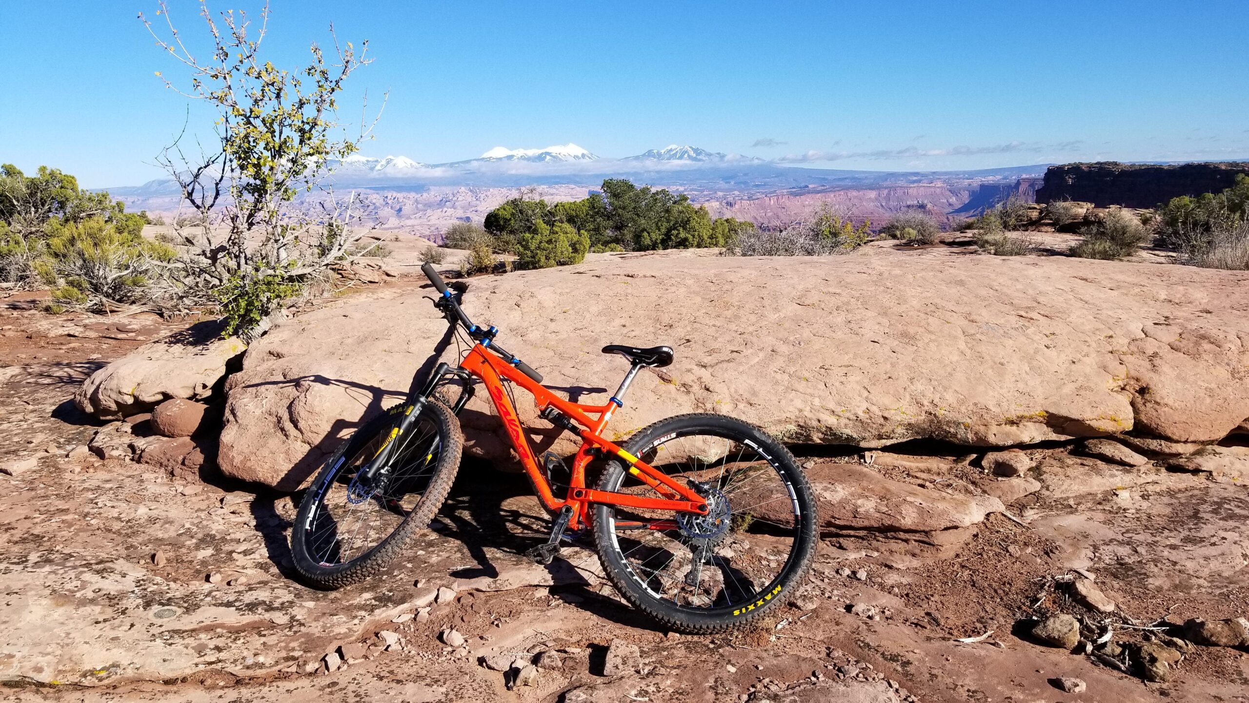 Salsa Deadwood Sus: An orange mountain bike rests against a large rock on a red rocky terrain, with lush green bushes and trees surrounding it. In the background, snow-capped mountains rise under a clear blue sky, creating a picturesque outdoor scene ideal for biking adventures.