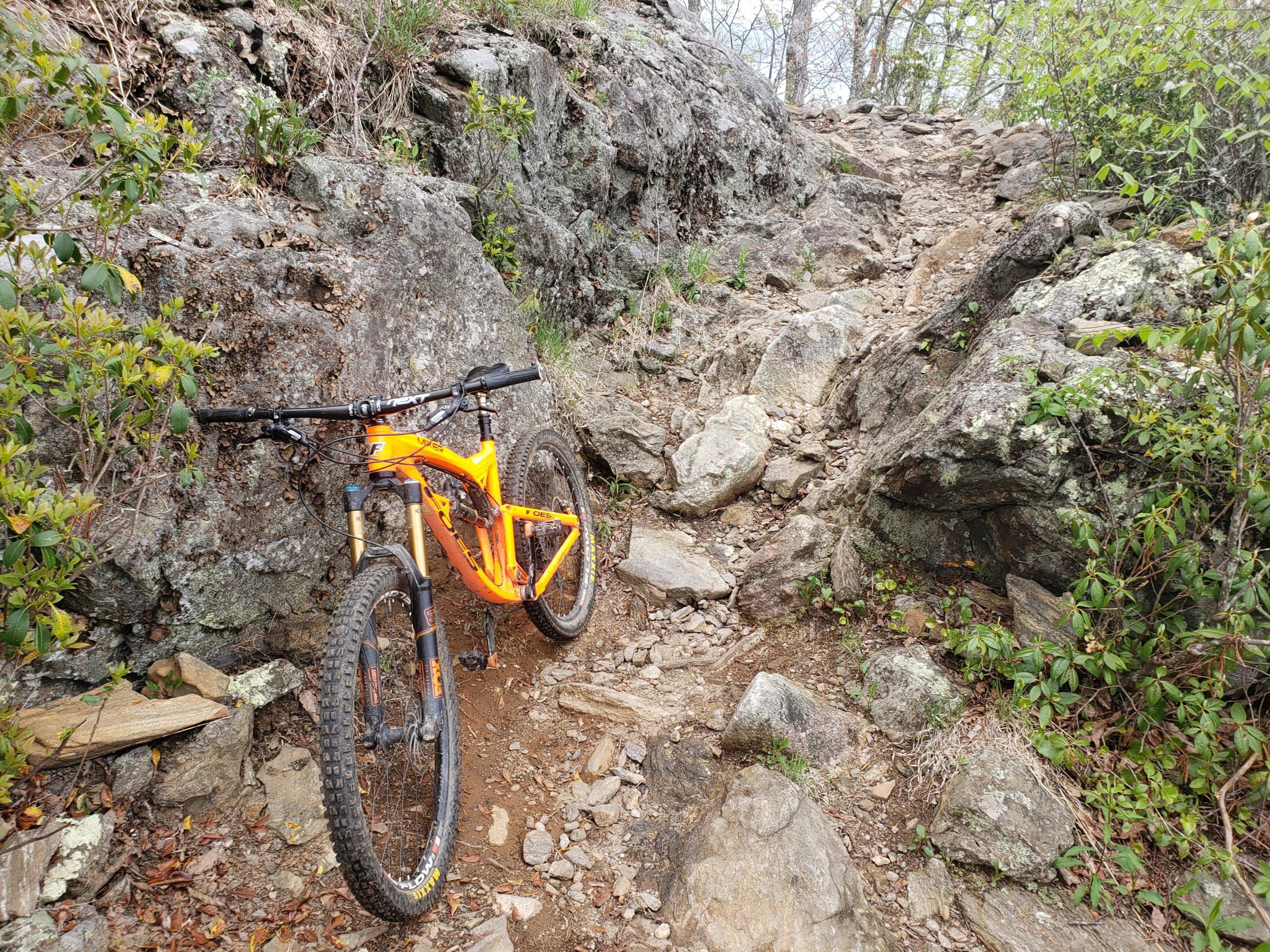 A vibrant orange mountain bike is resting against a rocky trail surrounded by greenery. The path is uneven and includes large boulders and loose stones, suggesting a challenging terrain for cyclists. Laurel Mountain mountain bike trail.