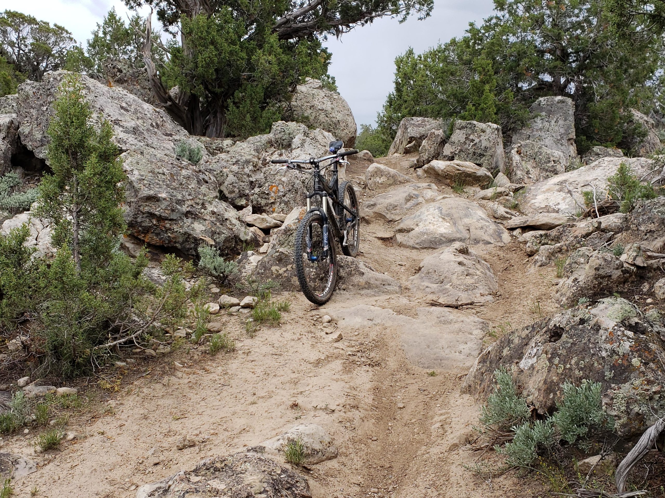 A rugged mountain biking trail featuring a bicycle parked on a rocky path surrounded by boulders and shrubs. The scene captures the natural landscape with sparse trees and a cloudy sky in the background, indicating an outdoor adventure setting. Hubbard Mesa mountain bike trail.