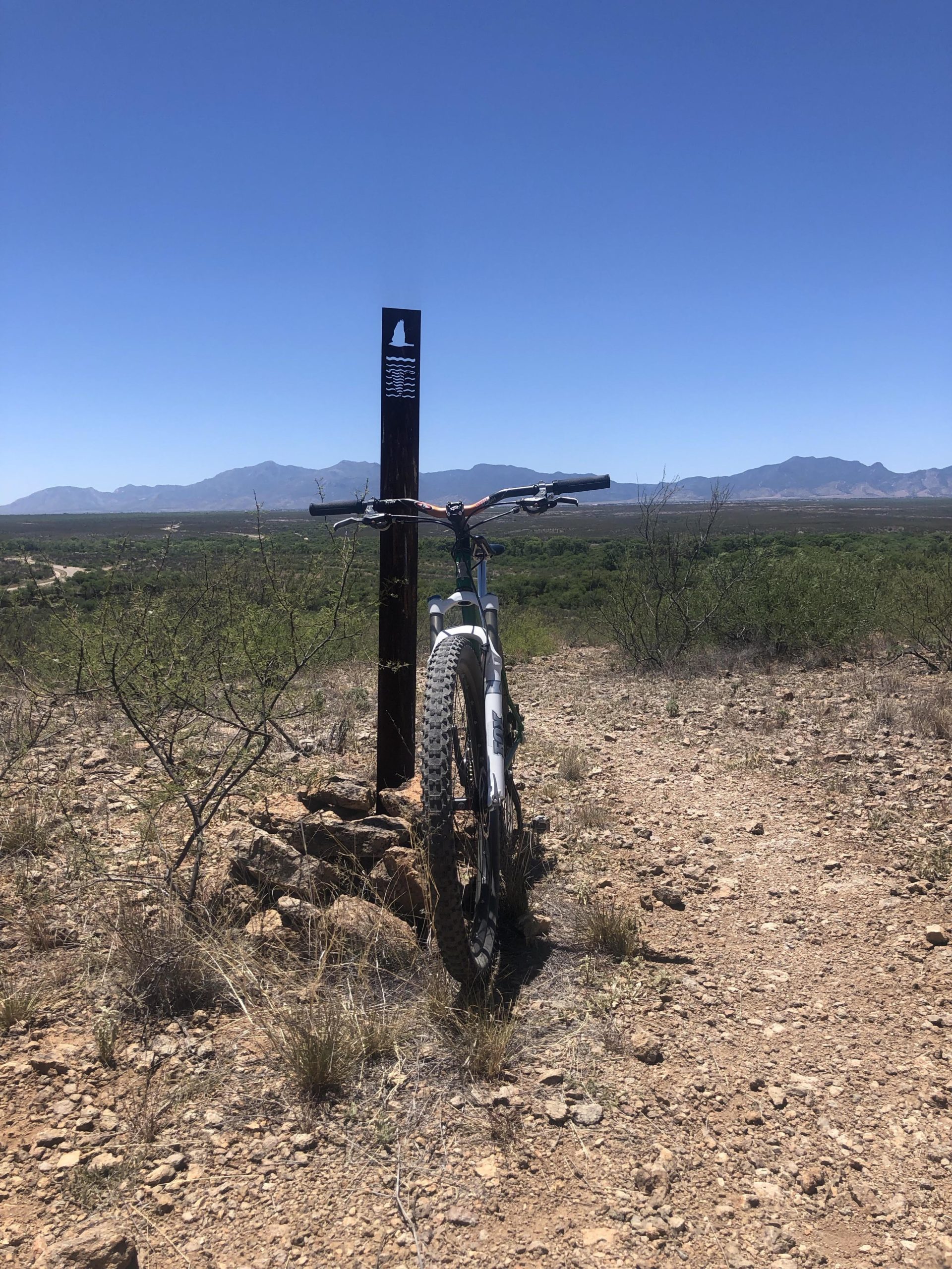 A mountain bike is leaning against a trail marker on a rocky path, with a vast landscape and mountain range visible in the background under a clear blue sky. Charleston Petroglyph Ride mountain bike trail.