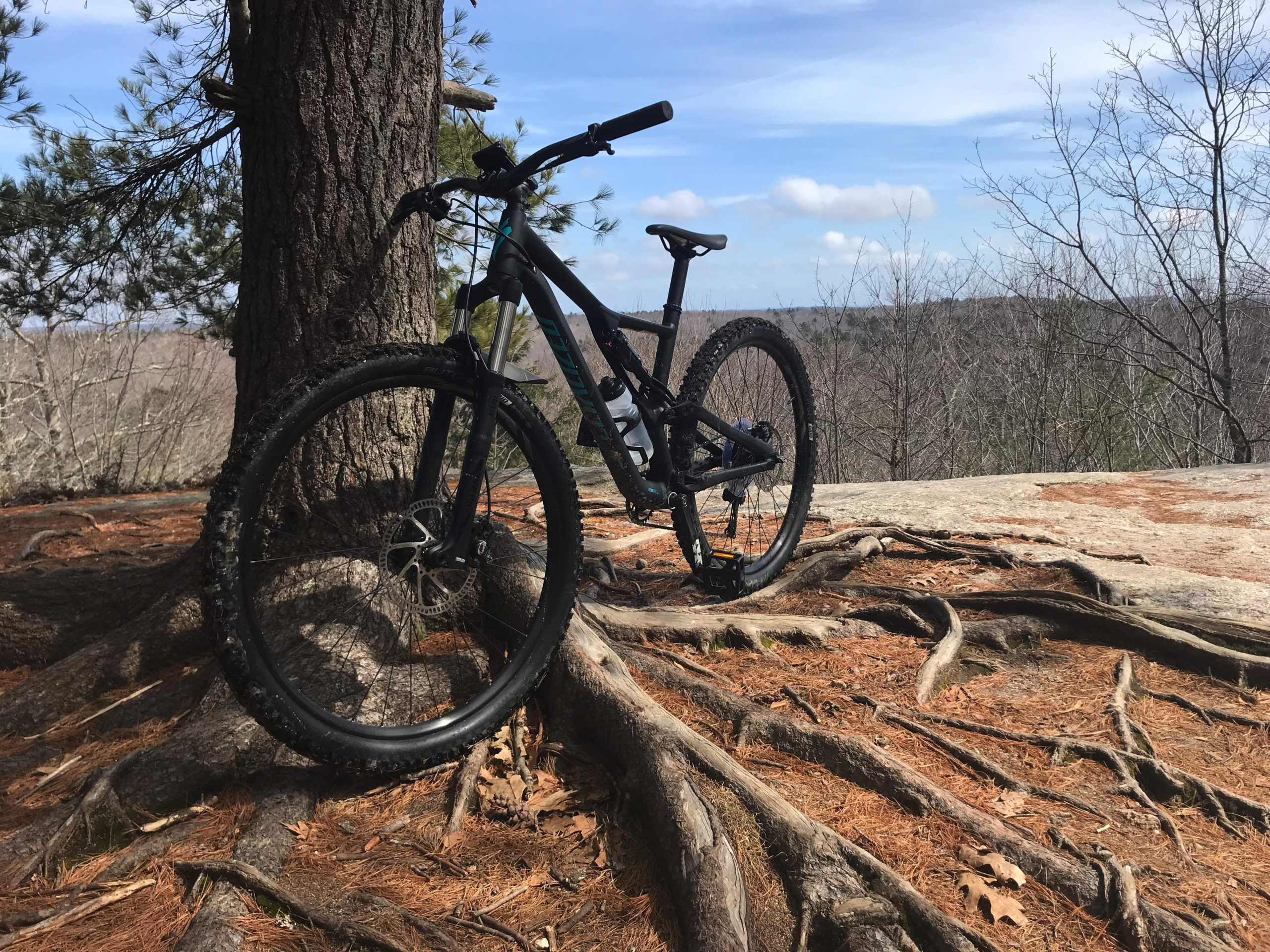 A black mountain bike leaning against a tree, positioned on a rocky surface surrounded by roots and pine needles. In the background, bare trees and a cloudy sky can be seen, indicating it is likely early spring or late winter. Bradbury Mt State Park mountain bike trail.