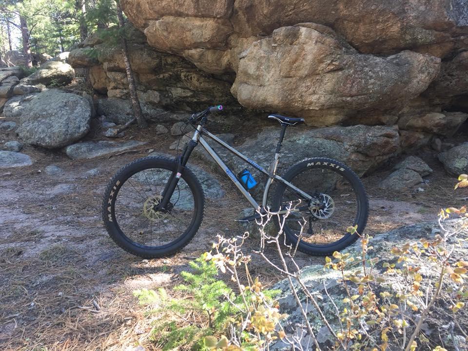 Guerrilla Gravity Pedalhead: A mountain bike with a sturdy frame and wide tires is positioned beside large rocks in a forested area. The ground is covered with pine needles and small plants, with trees visible in the background under natural sunlight.