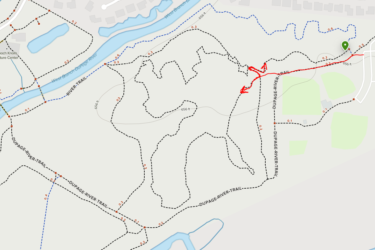Map showing the DuPage River Trail and West Branch DuPage River area, with marked pathways, distances, and a highlighted route in red indicating a specific trail path. DuPage River Sports Complex mountain bike trail.