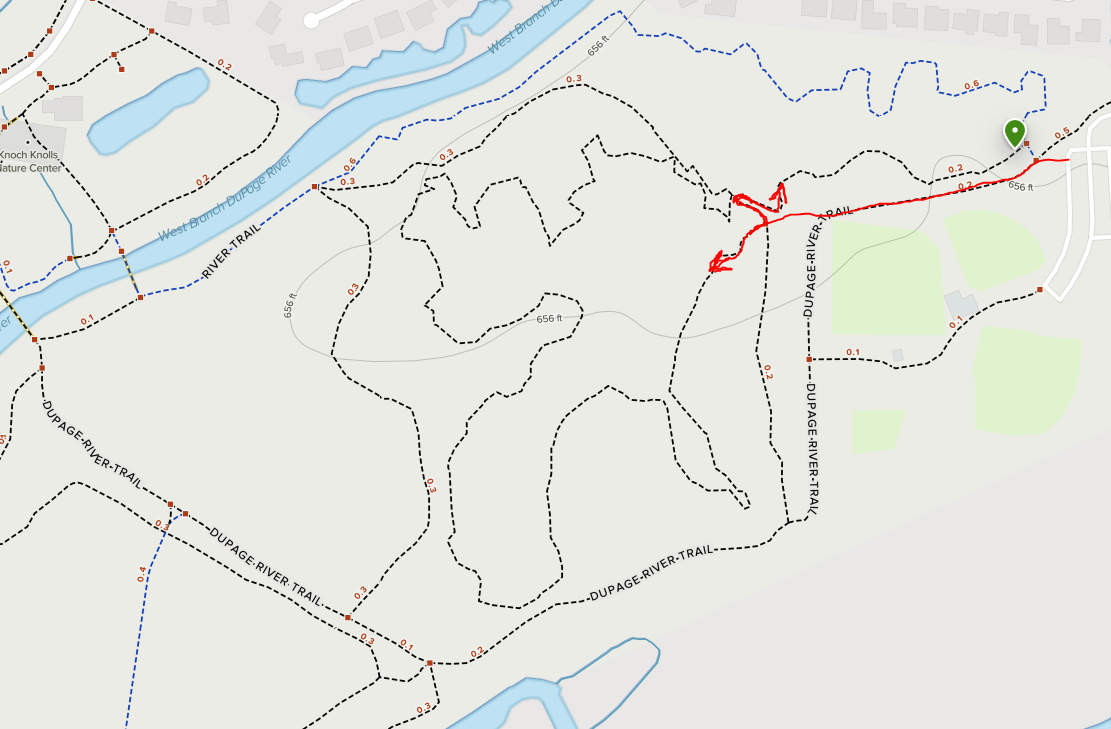 Map showing the DuPage River Trail and West Branch DuPage River area, with marked pathways, distances, and a highlighted route in red indicating a specific trail path. DuPage River Sports Complex mountain bike trail.