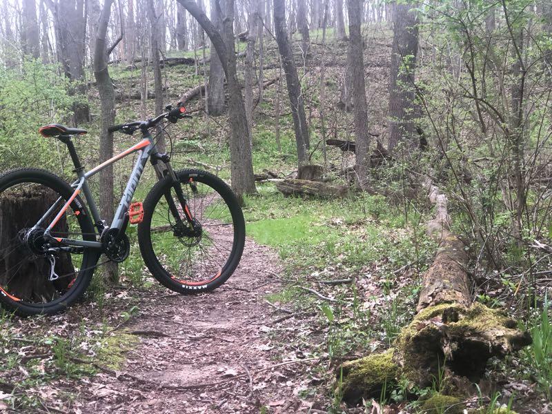 A mountain bike resting beside a dirt trail in a wooded area, surrounded by trees and greenery. The path is lined with fallen logs and leaves, suggesting a natural setting for outdoor recreation. Heritage Park mountain bike trail.