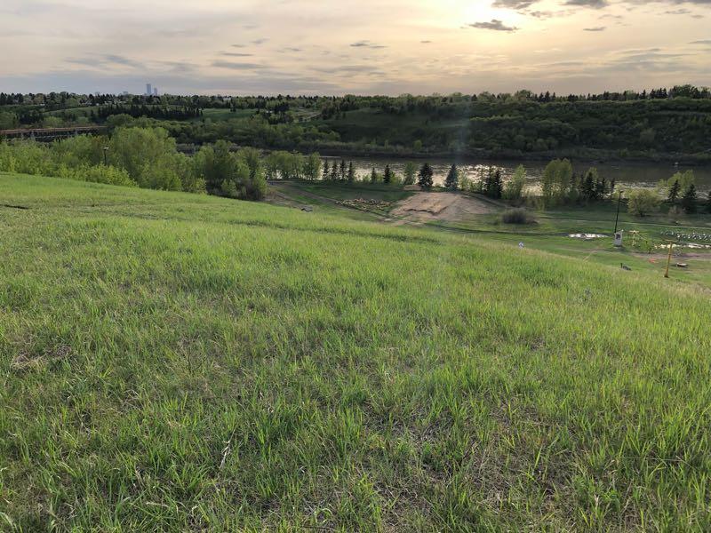 A scenic view of a grassy hillside overlooking a river, surrounded by lush green trees and rolling hills. The sky is partially cloudy, with the sun setting in the background, casting a warm glow over the landscape. Strathcona Science Park mountain bike trail.