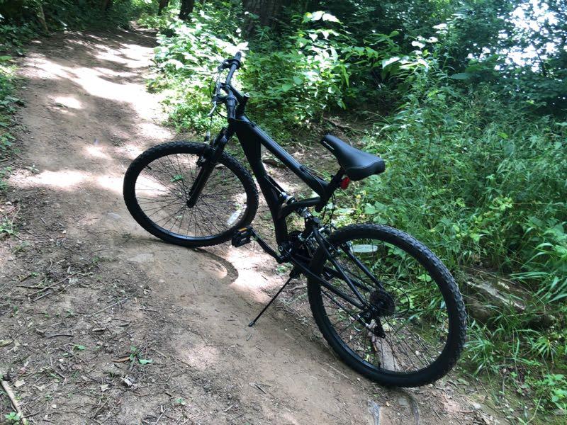 A black mountain bike is parked on a sandy dirt path surrounded by greenery and trees. Veterans Park mountain bike trail.